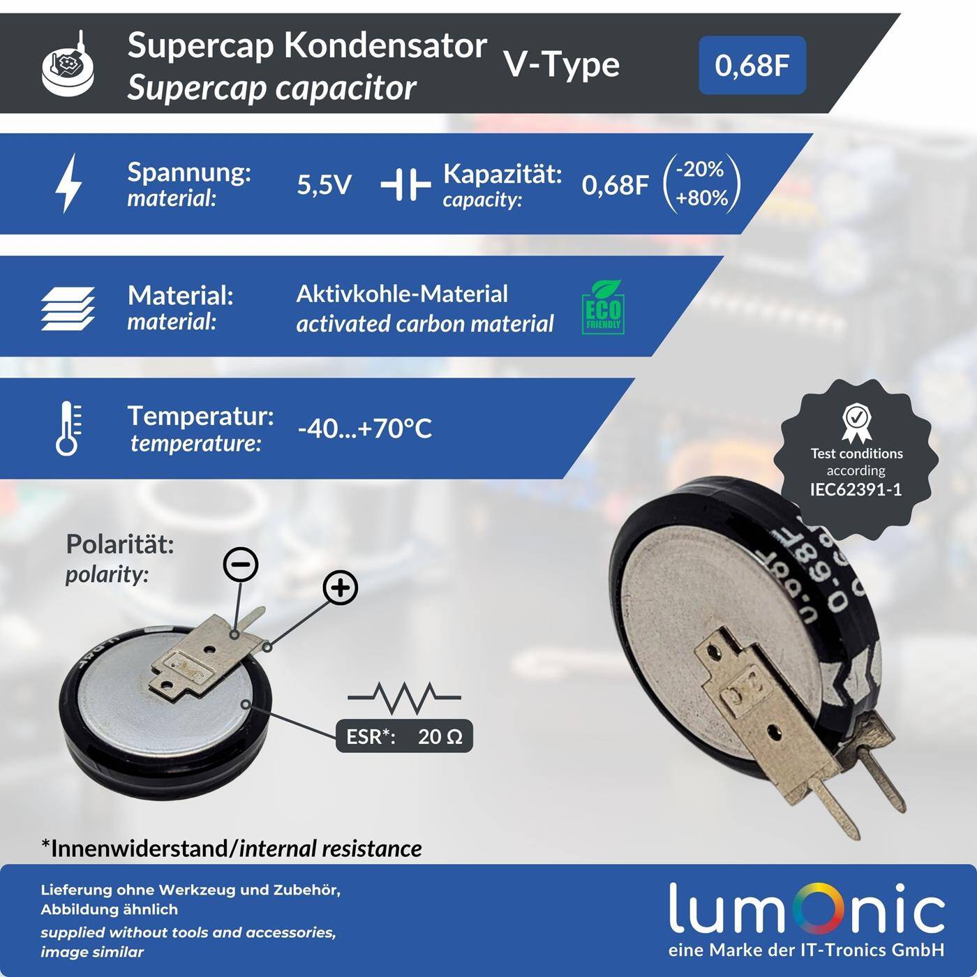 Supercap 0,68F 5,5V V-Type, direkt einsetzbarer EDLC, hohe Kapazität, 5,5V Monoblock - kein Balancing notwendig, Flackerschutz, Backup, SPS, Heizung