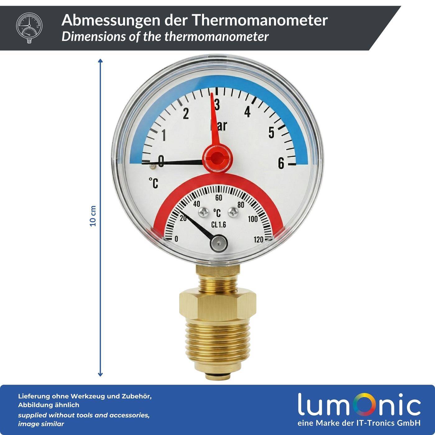 Lumonic Thermomanometer 6bar 0-120°C | 1/4 + 1/2 inch (adapter) | Bottom connection | Ø 63mm, large scale | Heating pressure gauge | Metal housing