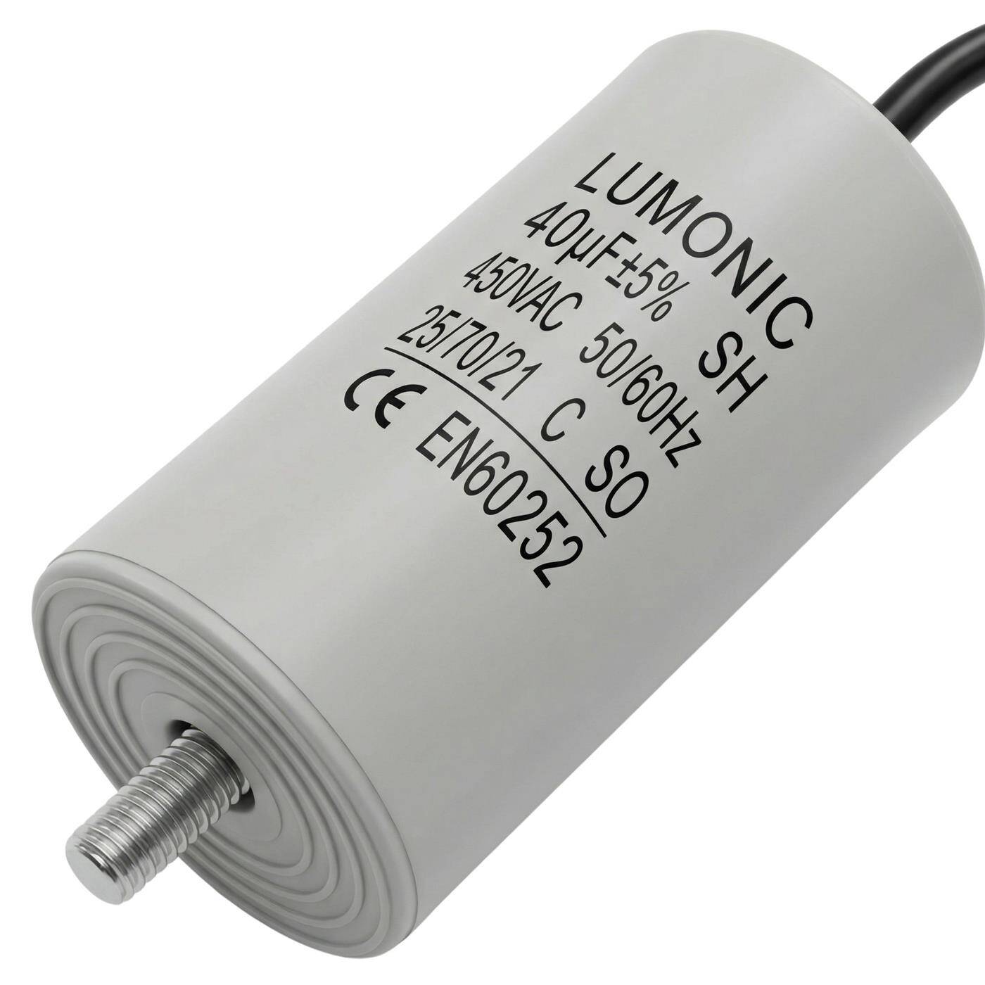 Lumonic Anlaufkondensator 40µF 450V | mit Kabel I 45x84mm I 40uF I Motorkondensator mit Kunststoffgehäuse I Betriebskondensator I für Pumpen, Rasenmäher, Werkzeuge
