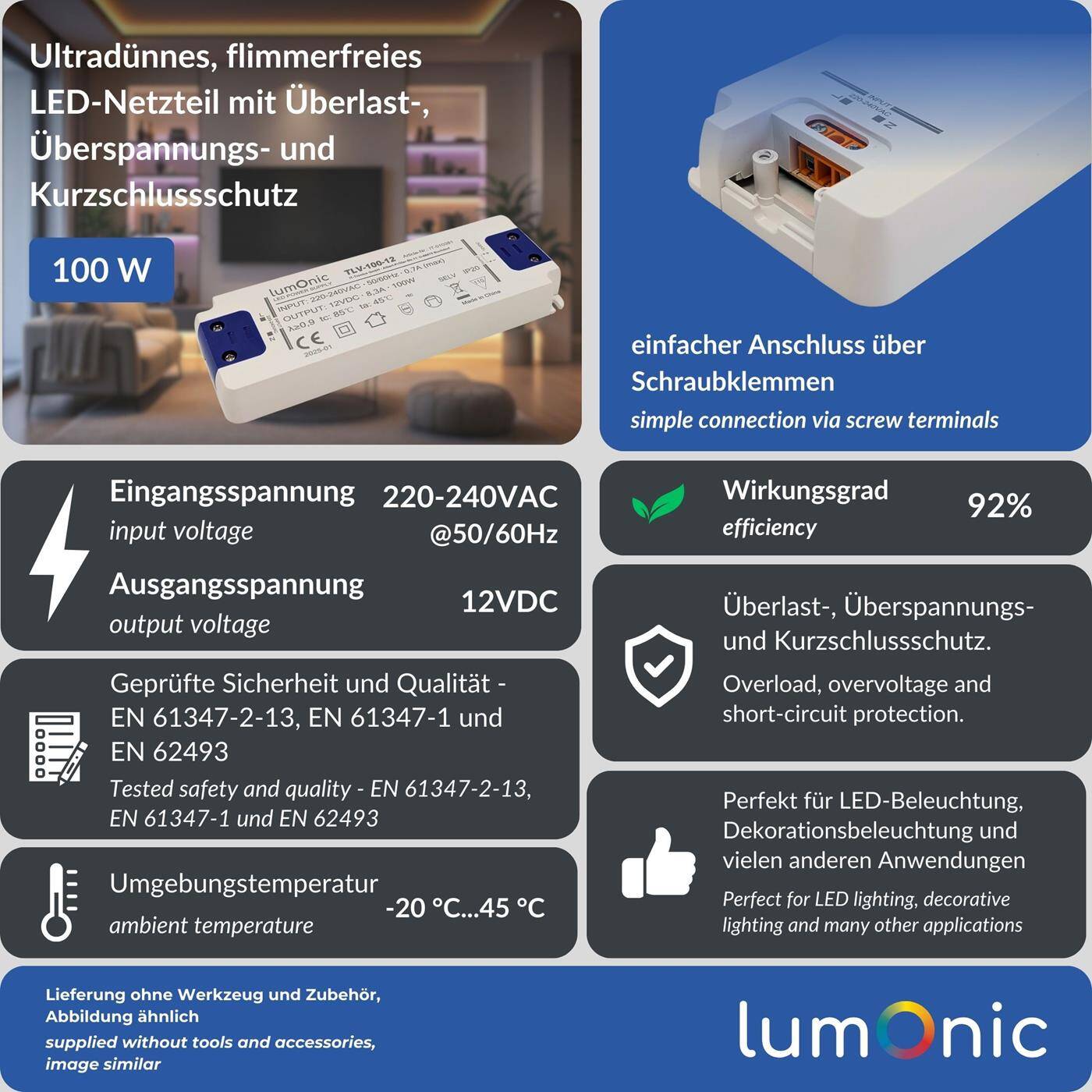 Lumonic I LED transformer TLV-100-12 I 12V 100W I Input 220-240VAC I flicker-free I Overload protection I LED power supply unit I for LED lighting