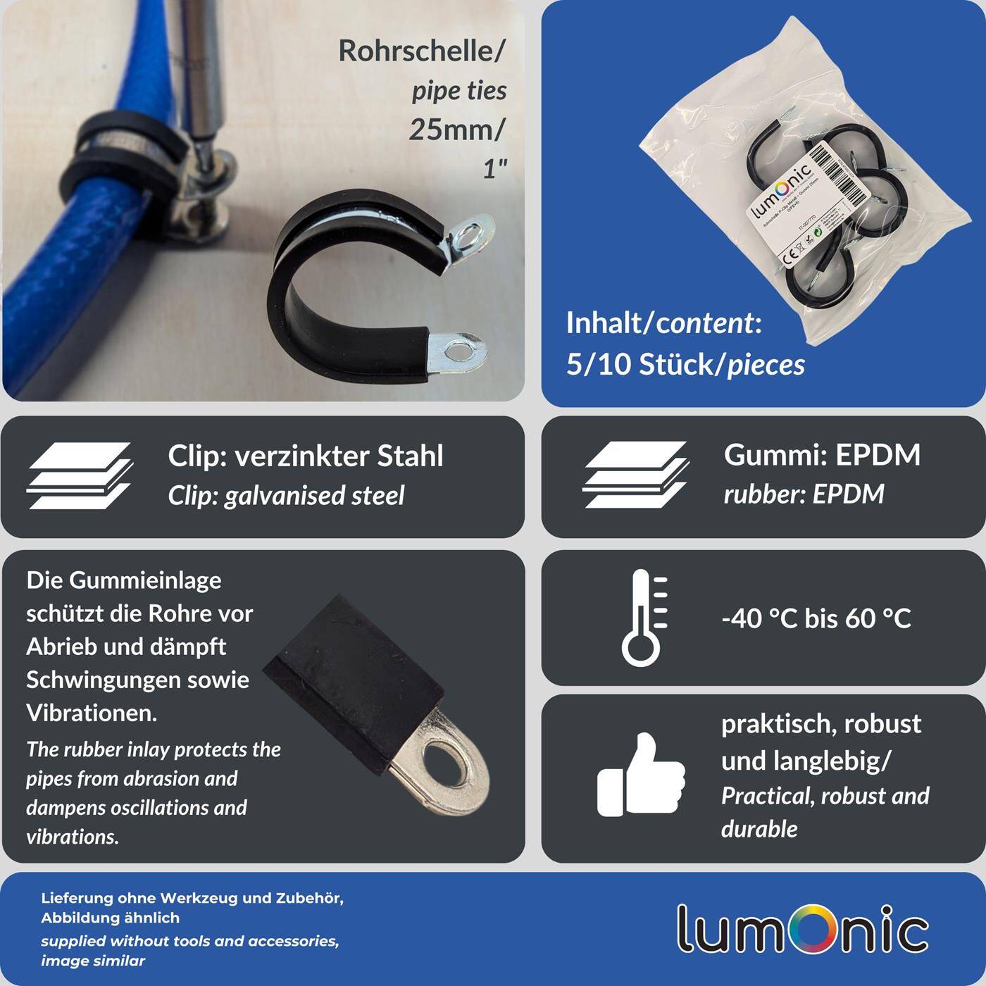 Lumonic 10x 25mm Rohrschellen mit Gummieinlage I Kabelschellen zum Schrauben I Schlauchschelle 25mm, Rohrschellen, Befestigungsschelle 25mm, Rohrhalterung