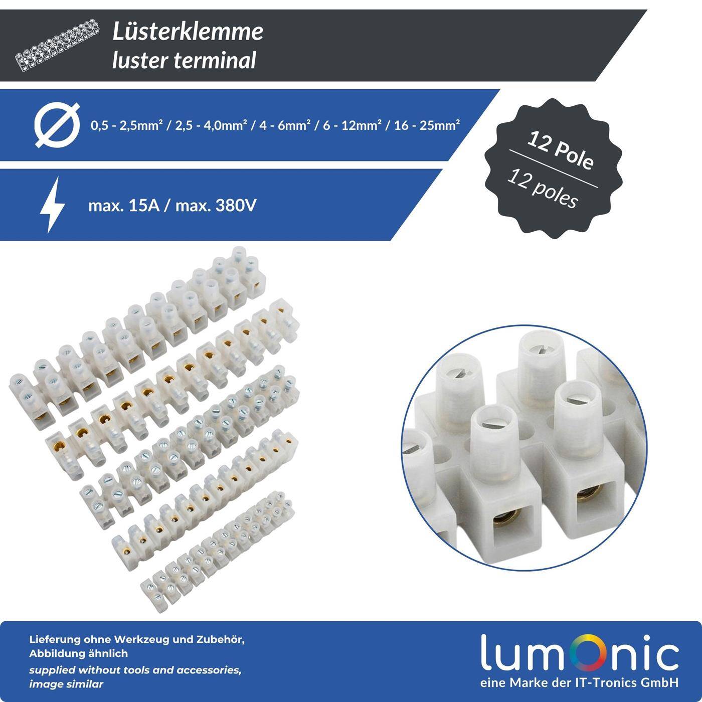 Lumonic Lüsterklemme für Kabel Größen von 2,5 - 4mm² I Für bis zu 5 Ampere und 380 Volt I Lüsterklemmen in einer 12er Reihe von Kupfer Verbindungsklemmen