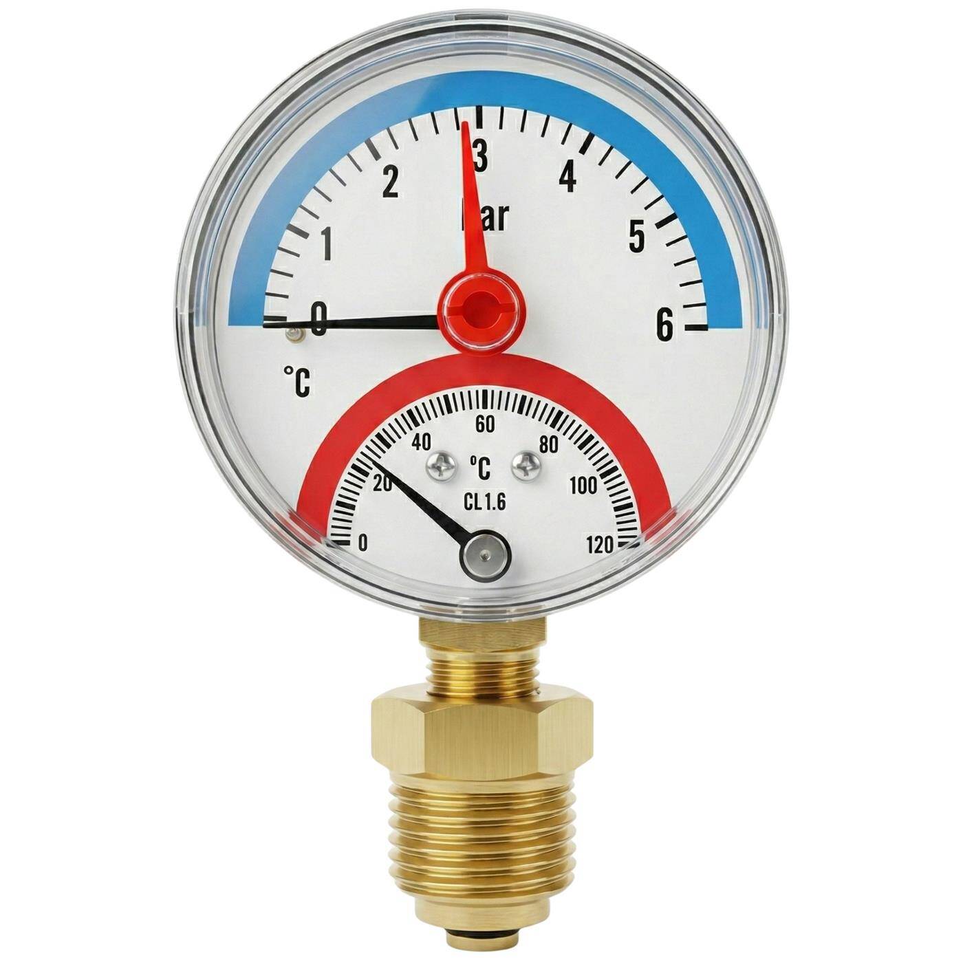 Thermomanometer 6bar 0-120°C 1/4 + 1/2 inch (adapter) Bottom connection Ø 63mm large scale Heating pressure gauge Metal housing