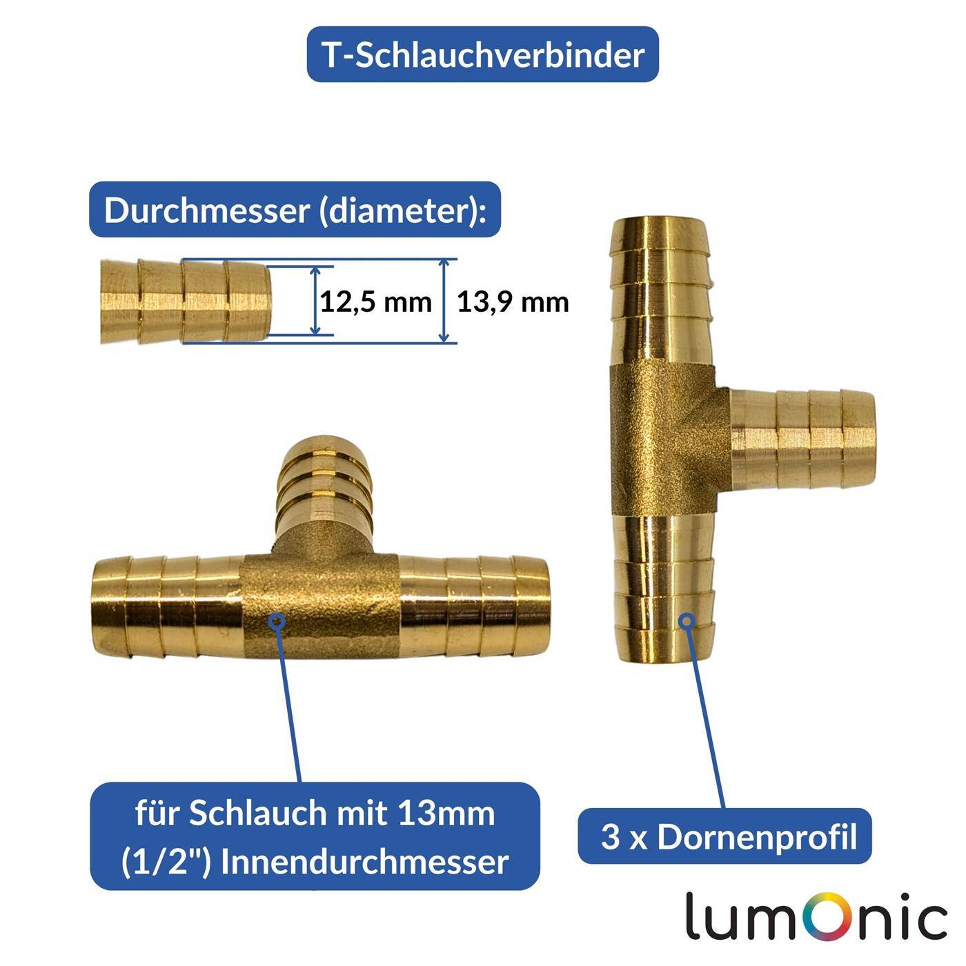 Lumonic I T-hose connector I for 13mm (1/2") hose I made of brass I T-connector I T-piece I with spike profile I Compressed air I for workshops, businesses and DIY enthusiasts
