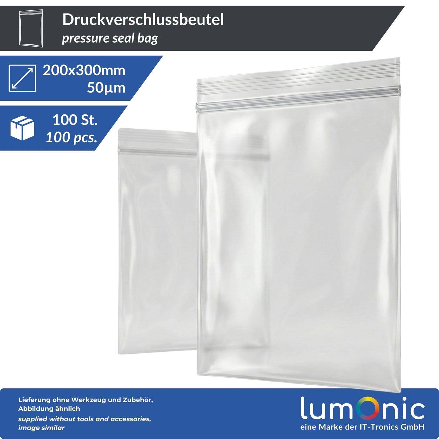 100x Lumonic Pressure seal bag 200x300mm | 50µm | Transparent, tear-resistant + odorless | Zip bag for small parts, travel, storage