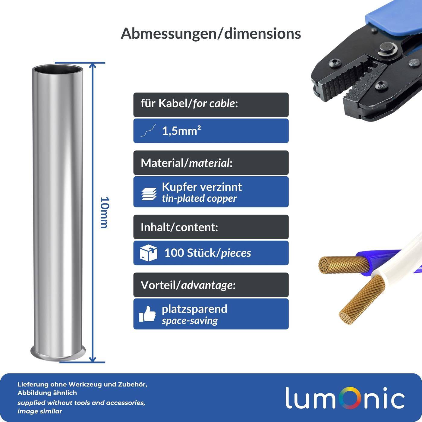 100x Aderendhülse blank 1,5mm² Kupfer verzinnt 1,7x10mm Hülse