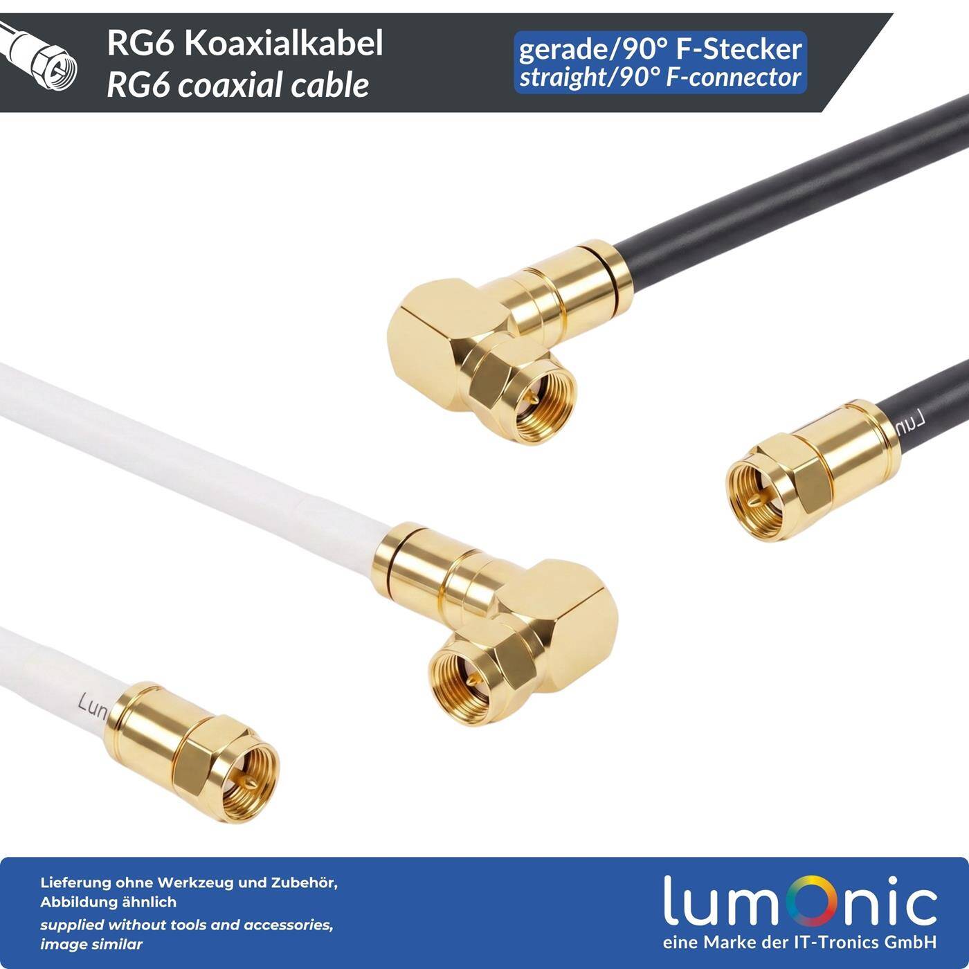 Lumonic 0,5m Antennenkabel RG6 | vergoldete F-Stecker gerade & 90° gewinkelt |  | 4-fach geschirmt 120dB | fertig konfektioniert | Koaxialkabel, Sat Kabel, DVB-T2, Kabelinternet