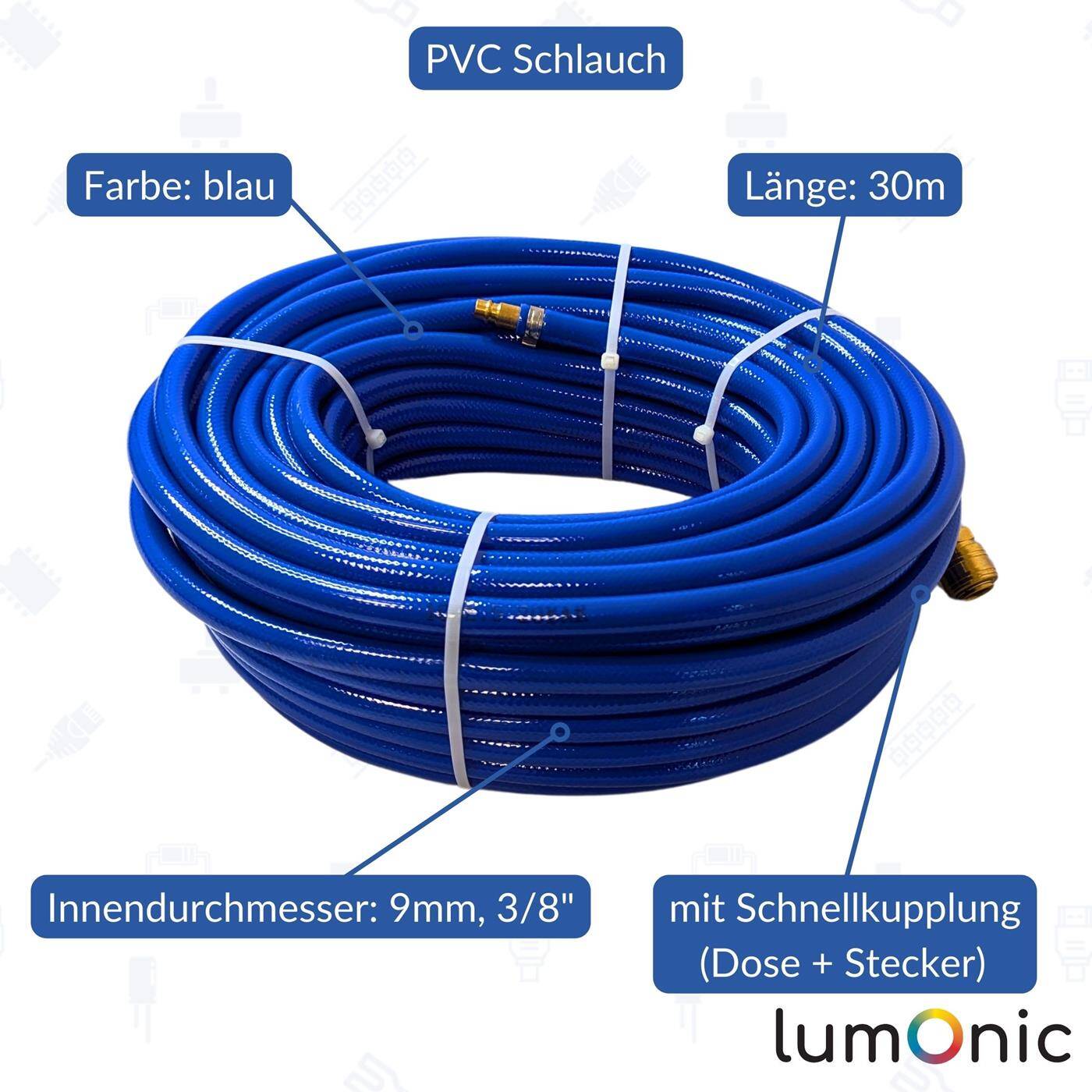 30m Druckluftschlauch mit Schnellkupplung 9mm PVC Druckluftverlängerung Dose & Stecker fertig konfektioniert flexibel, abriebfest und gewebeverstärkt 30m Druckluftschlauch mit Schnellkupplung 9mm PVC Druckluftverlängerung Dose & Stecker fertig konfektioniert flexibel, abriebfest und gewebeverstärkt