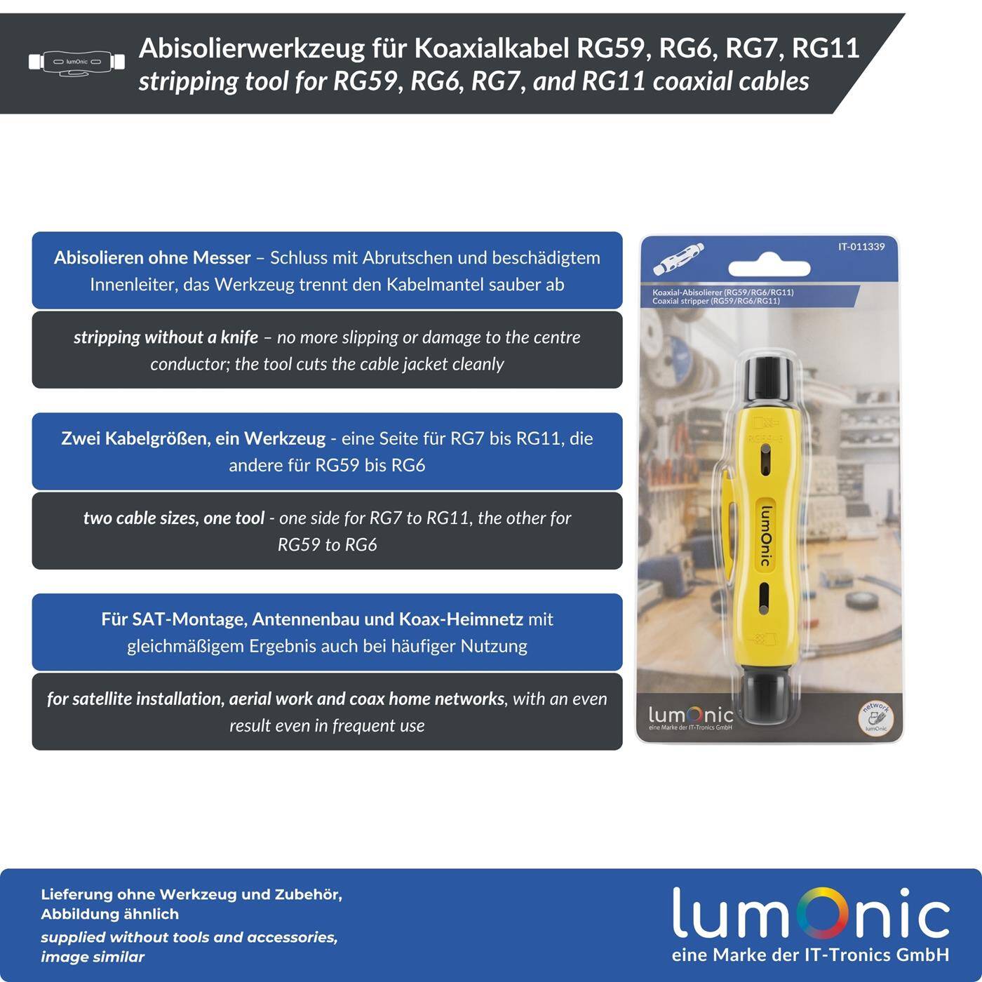 Lumonic Abisolierwerkzeug für Koaxialkabel RG59, RG6, RG7, RG11 - doppelseitig für zwei Kabelgrößen, Abmantelungswerkzeug, Kabelabisolierer, Klinge aus Metall, für SAT und Antennenbau