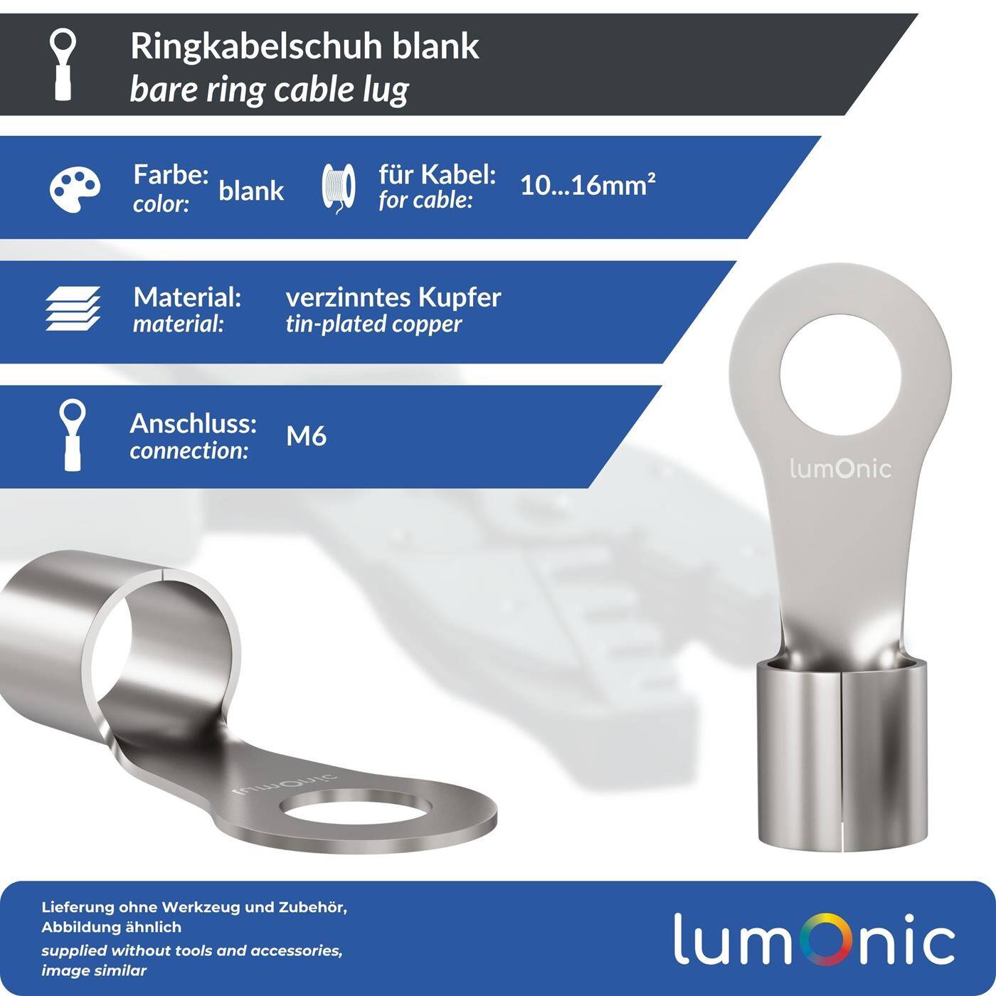 25x Ringkabelschuh blank 10-16mm² Lochdurchmesser M6 Ringzunge Kupfer verzinnt