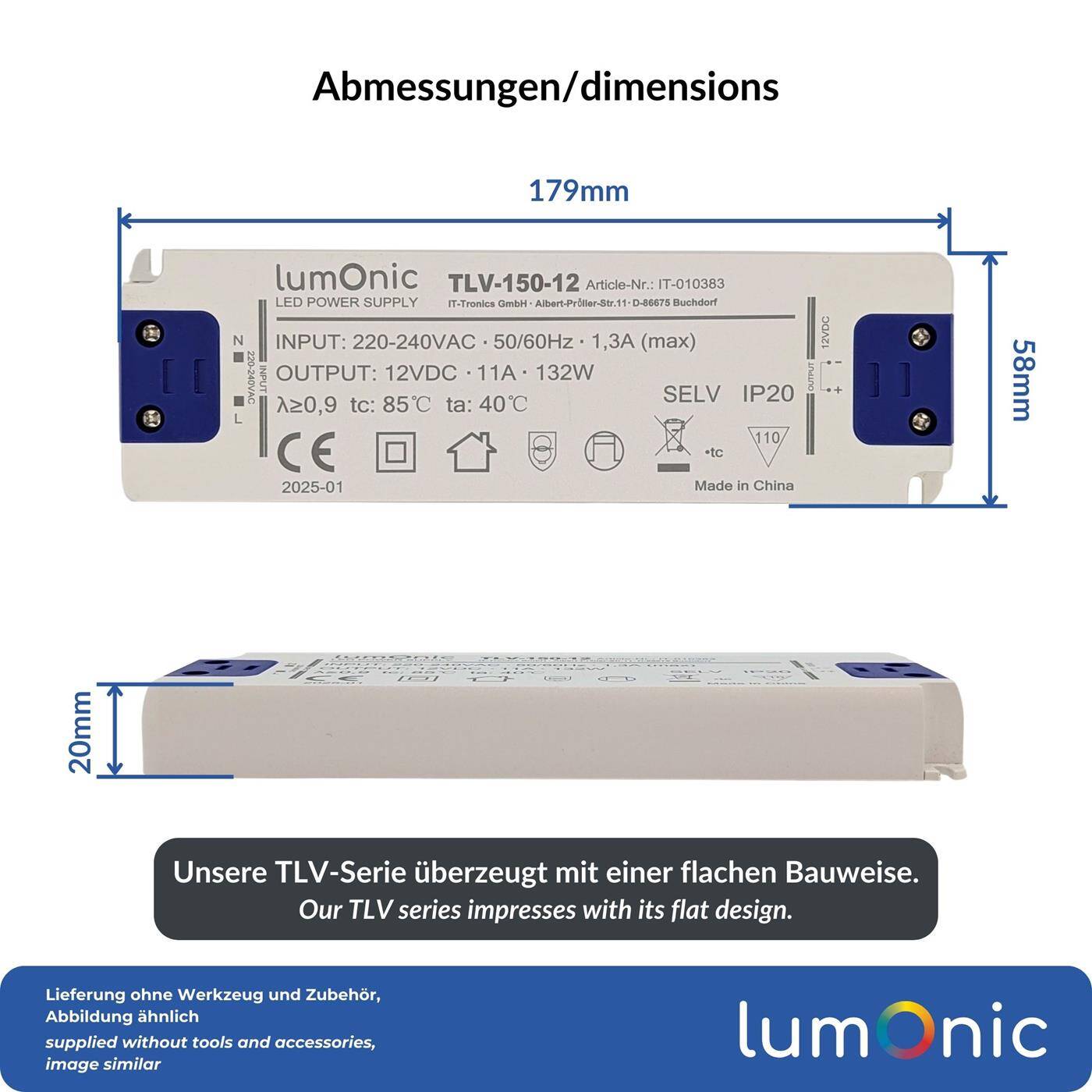 Lumonic I LED transformer TLV-150-12 I 12V 132W I Input 220-240VAC I flicker-free I Overload protection I LED power supply unit I for LED lighting