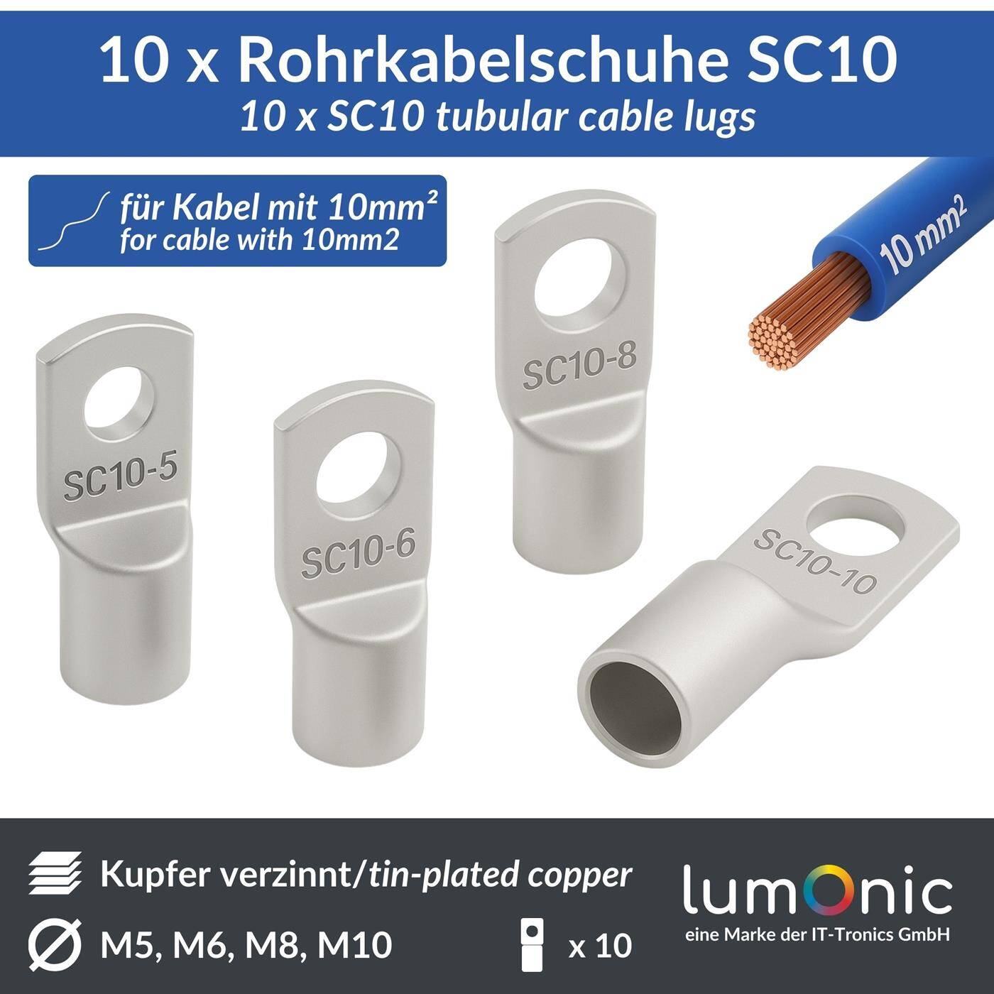 10x Rohrkabelschuh blank 10mm² Lochdurchmesser M5 SC10-5 Ringzunge Kupfer verzinnt