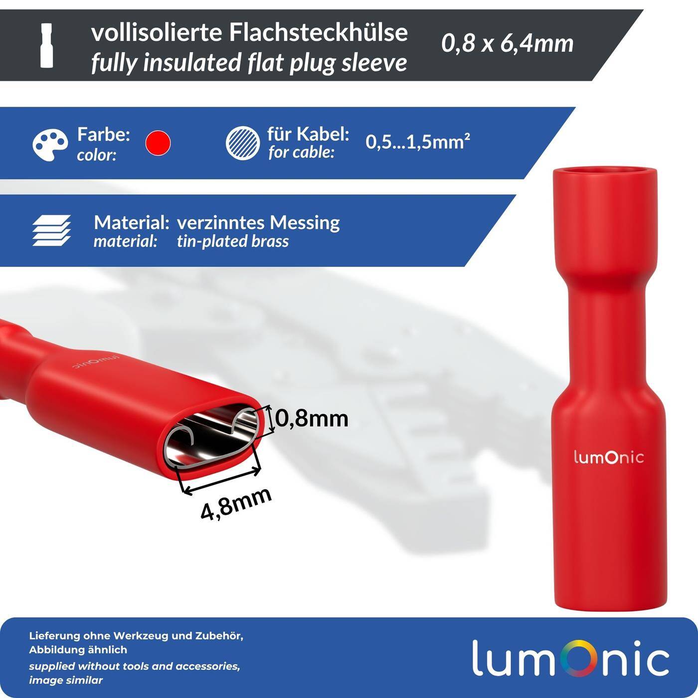 25x Flachsteckhülse vollisoliert 0,5-1,5mm² Steckmaß 0,8x6,4mm Rot für Flachstecker Messing verzinnt