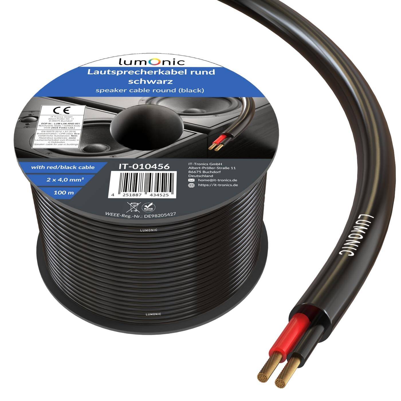 Lumonic Lautsprecherkabel 100m Schwarz  | 2x 4mm² CCA | HiFi Boxenkabel | Audio Rundkabel | Profi PA Installations- Audio- Rundkabel