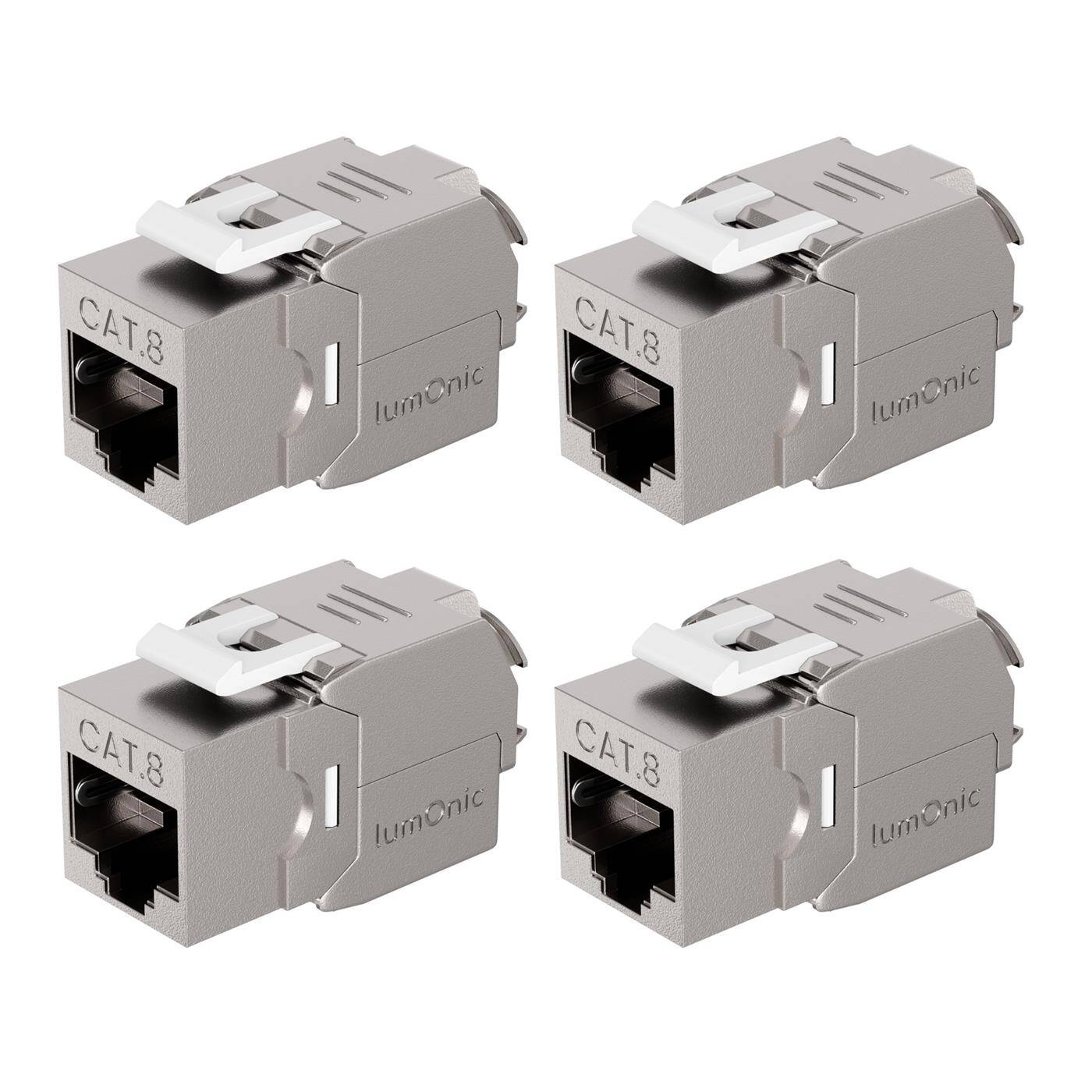Lumonic 4er Set Keystone RJ45 CAT8.1 | werkzeuglose Montage | T568A/B farbcodiert | für Wanddose + Patchpanel | PoE, bis 40Gbit/s | 360° Schirmung | Zugentlastung mit Kabelbinder | Metallgehäuse