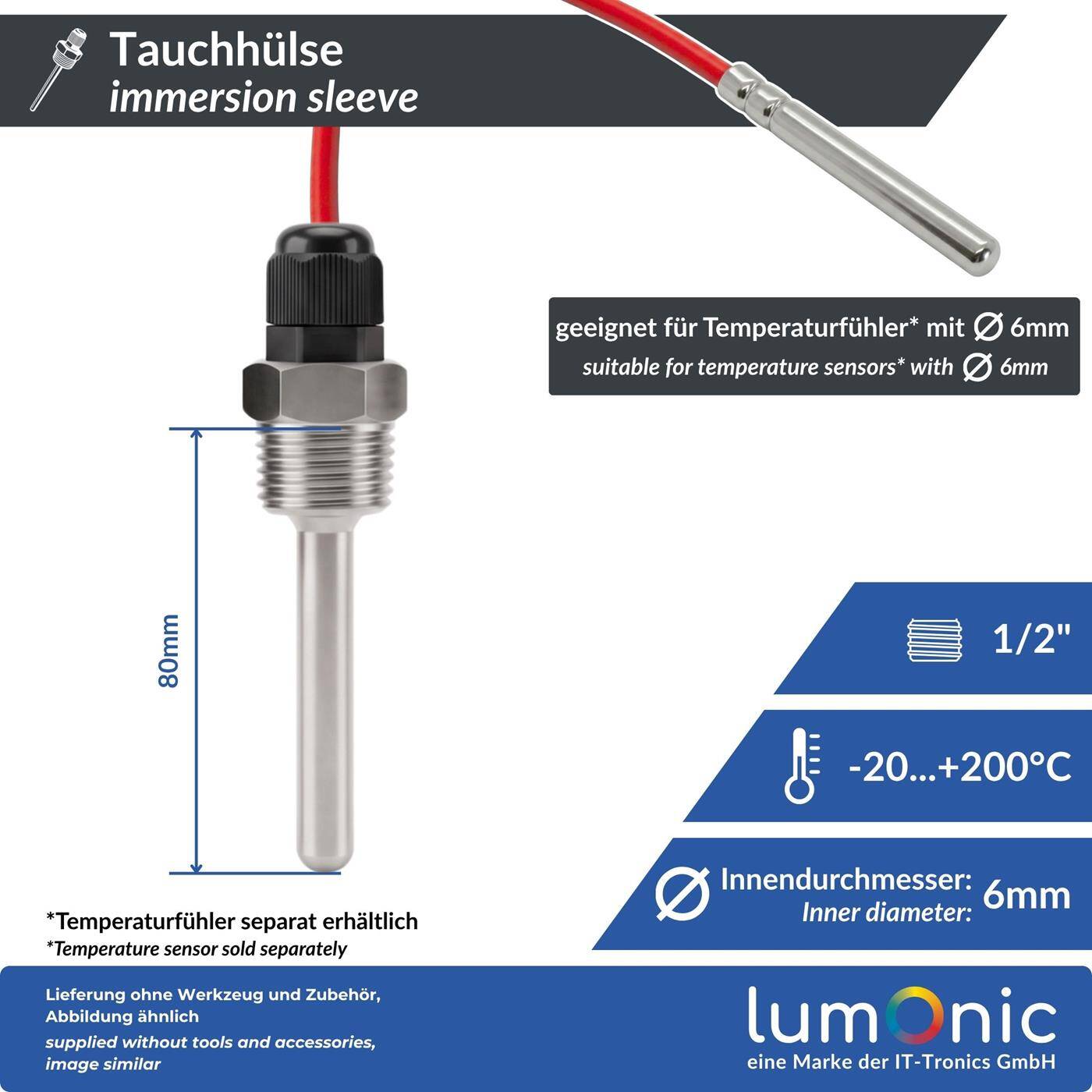 Lumonic Immersion sleeve V2A stainless steel 1/2 inch | 80mm Installation length | Perfect fit for 6mm temperature sensors | for buffer storage, heating, solar + smart home