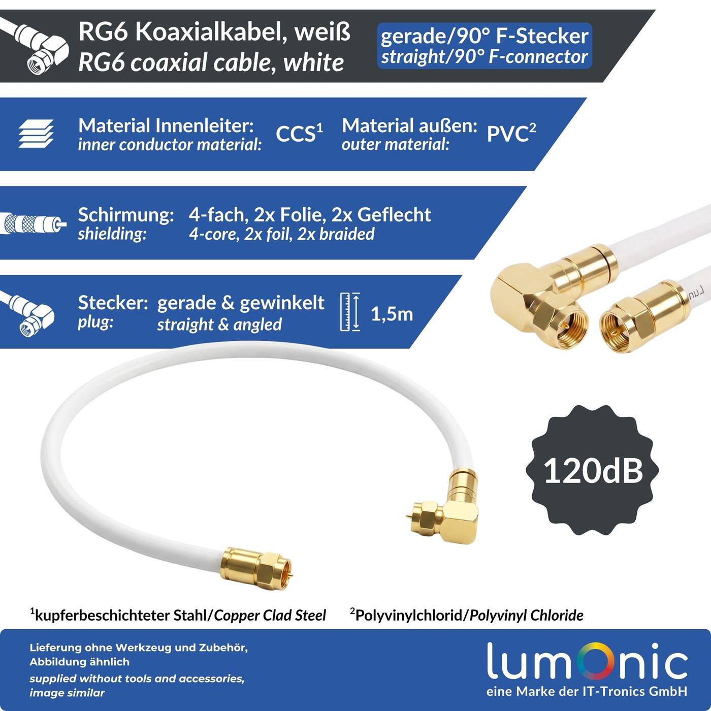 Lumonic 1,5m Antennenkabel RG6 | vergoldete F-Stecker gerade & 90° gewinkelt | Weiß | 4-fach geschirmt 120dB | fertig konfektioniert | Koaxialkabel, Sat Kabel, DVB-T2, Kabelinternet