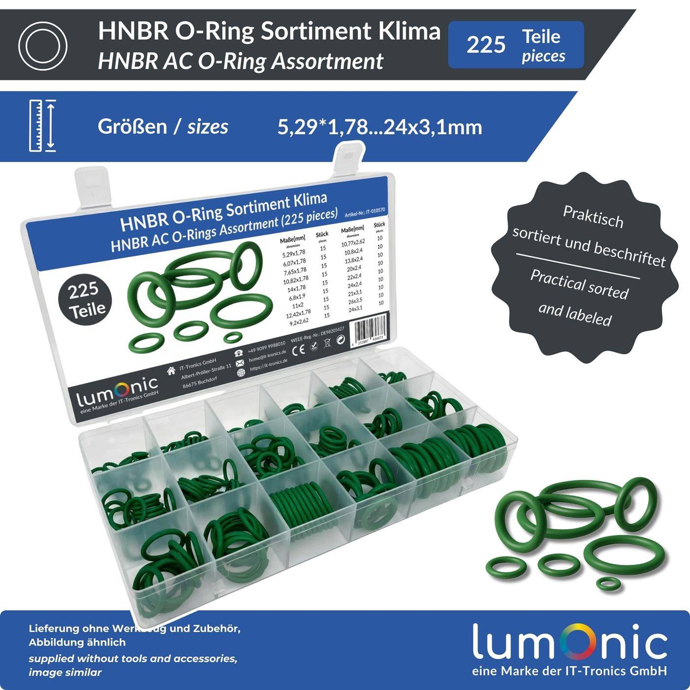 Lumonic Climate O-ring range HNBR | 225 parts, 18 common sizes (5-26mm) | -40°C to +120°C | Air conditioning AC sealing ring set, hydrogenated nitrile | in practical assortment box