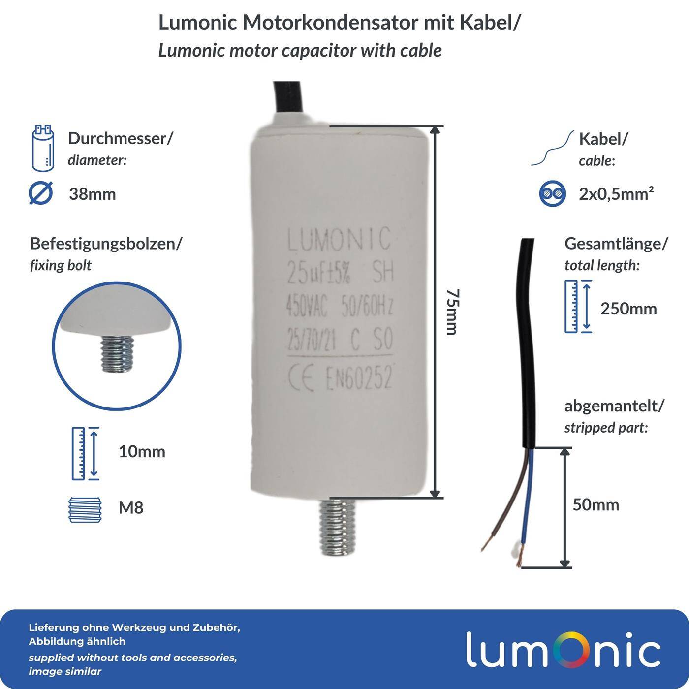 Lumonic Starting capacitor 25µF 450V | with Cable I 38x75mm I 25uF I Motor capacitor with plastic housing I Operating capacitor I for pumps, lawn mowers, tools