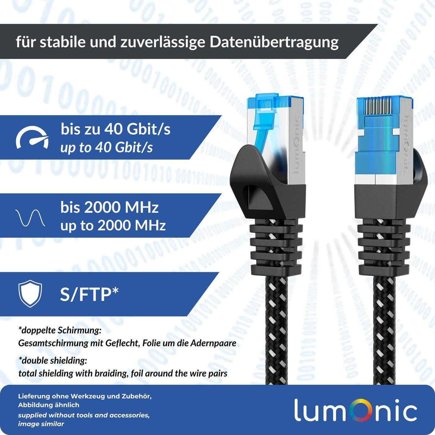 10m CAT8.1 Patchkabel S/FTP RJ45 Schwarz Weiß Premium Nylon Optik Ethernet LAN Netzwerkkabel