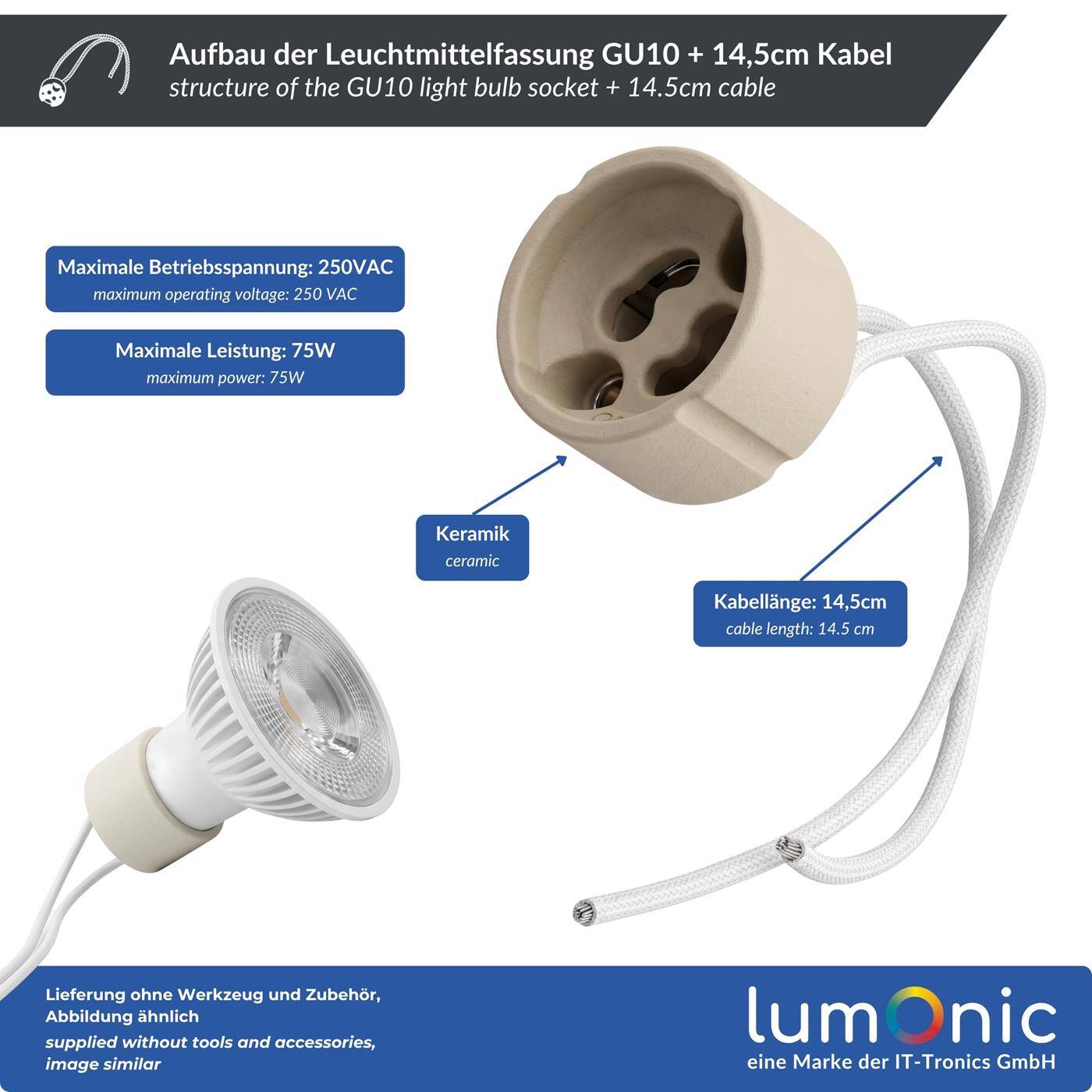 GU10 Leuchtmittel Fassung Keramik + 14,5cm Kabel für Lampen 230V