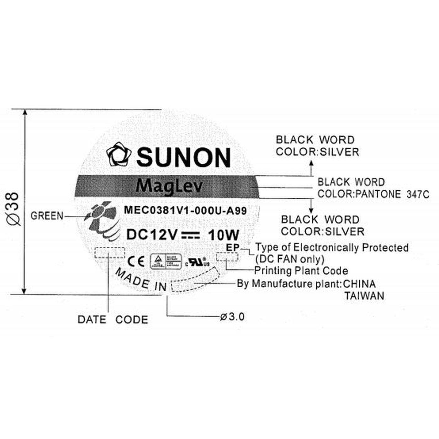 Lüfter 12V DC 10,1W 120x120x38mm 234,4m³/h 3100U/Min 234,4m³/h Sunon MEC0381V1-A99 Lüfter 12V DC 10,1W 120x120x38mm 234,4m³/h 3100U/Min 234,4m³/h Sunon MEC0381V1-A99