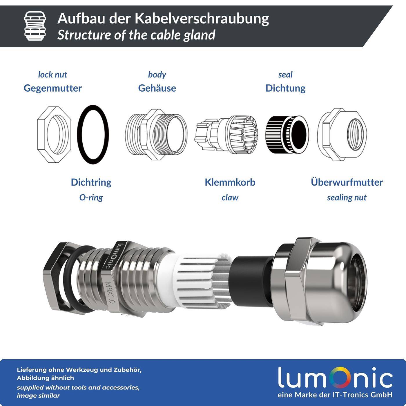 Lumonic 5er Set Kabelverschraubung Metall M8 | Klemmbereich 2-5mm | IP68 | mit Gegenmutter | Messing vernickelt, EMV | -40…+100°C