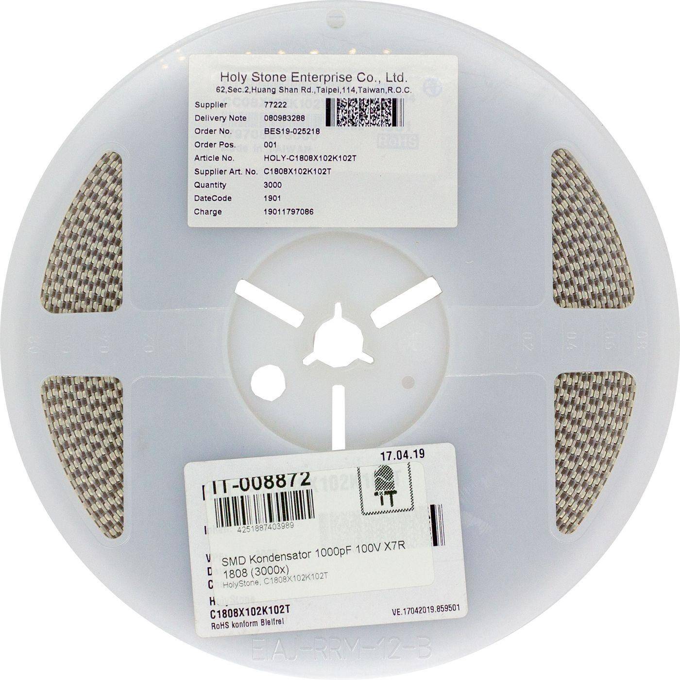 3000x SMD Kondensator 1000pF 100V 1808 X7R HolyStone C1808X102K102T 1nF