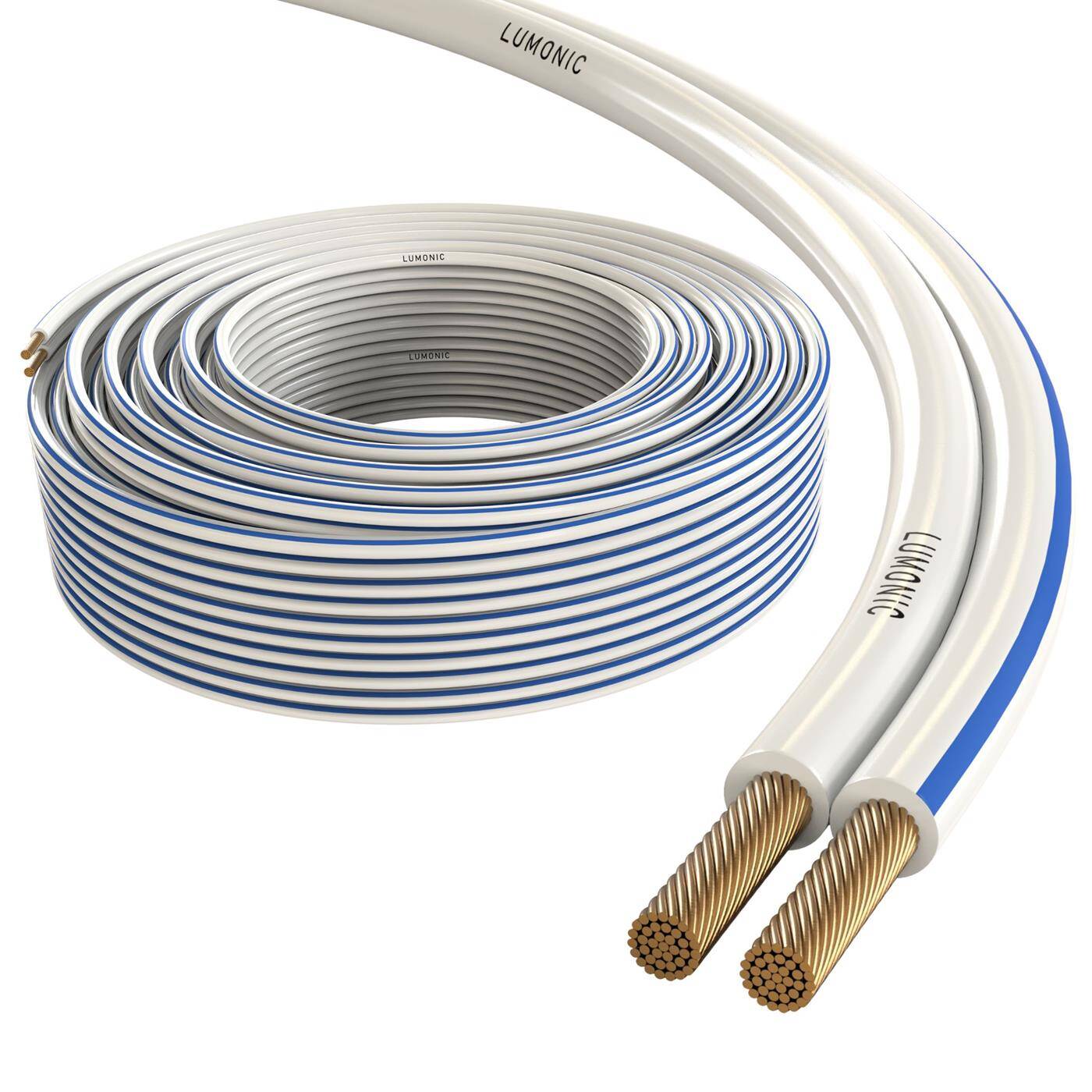 Lumonic Speaker cables | 50m White | 2x 0,5mm² CCA | Blue marking HiFi speaker cable | Audio twin line