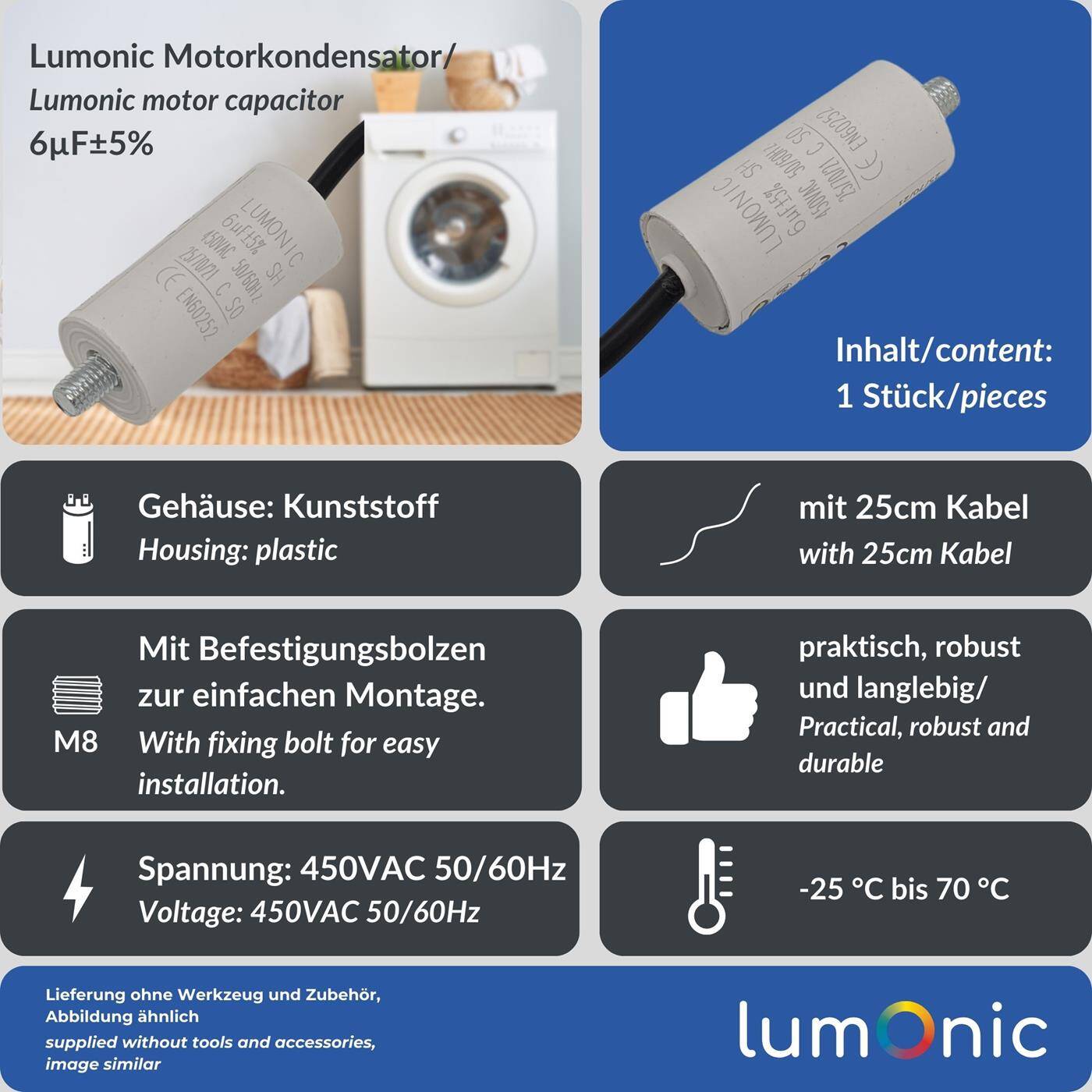 Lumonic Anlaufkondensator 6µF 450V | mit Kabel I 26x55mm I 6uF I Motorkondensator mit Kunststoffgehäuse I Betriebskondensator I für Pumpen, Rasenmäher, Werkzeuge