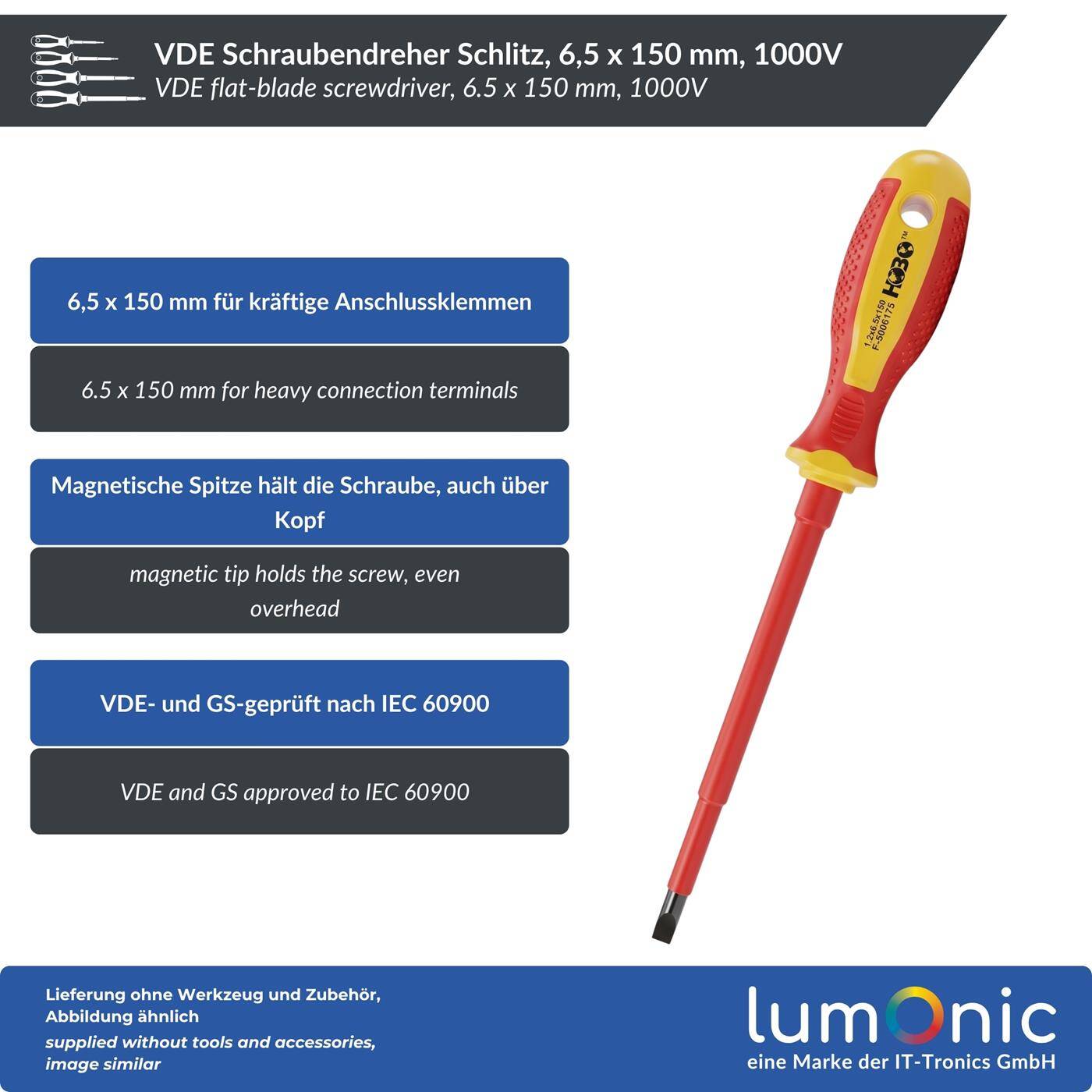 Lumonic VDE Flat-Blade Screwdriver, 6.5 x 150 mm, 1000 V—burnished S2 steel, magnetic tip, two-component handle, for terminals, switches, and control cabinets