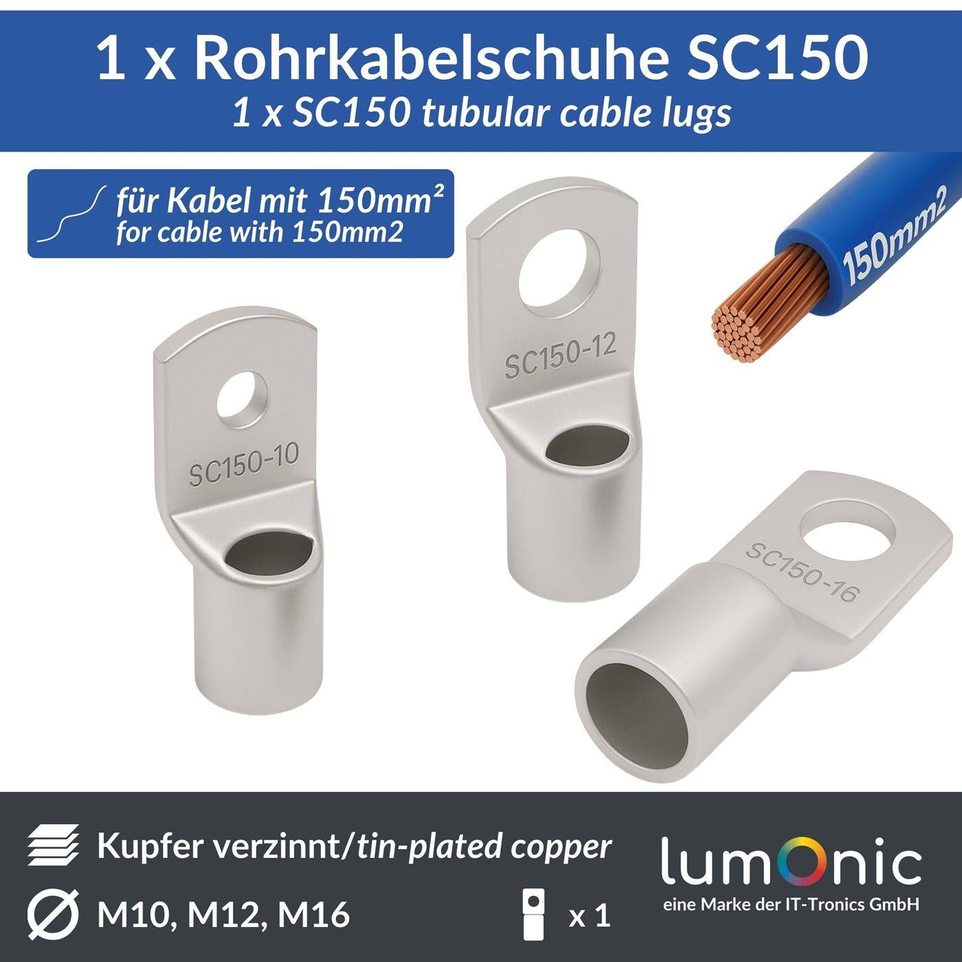 Rohrkabelschuh blank 150mm² Lochdurchmesser M10 SC150-10 Ringzunge Kupfer verzinnt