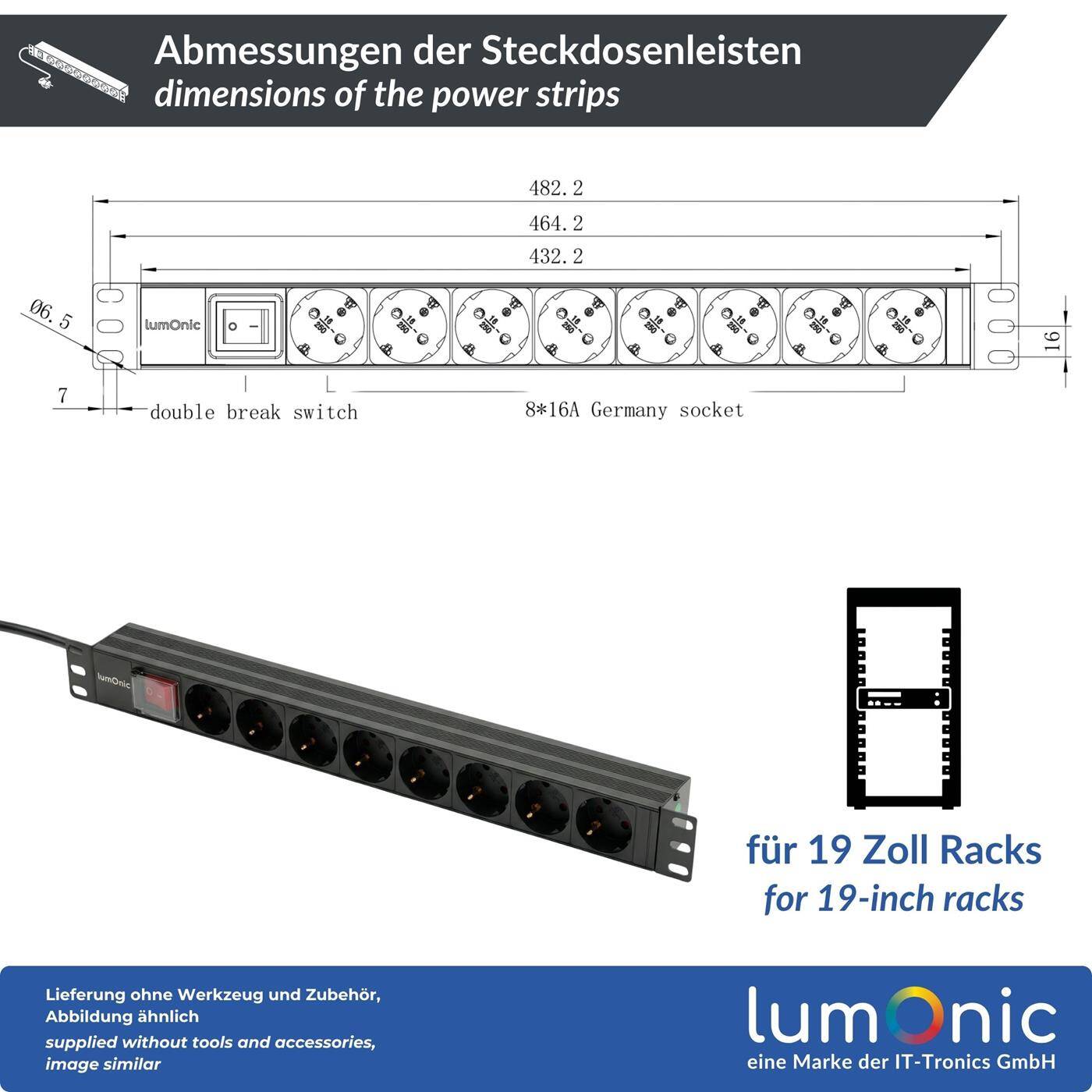 Lumonic 19" Steckdosenleiste | PDU 8-fach | mit Schalter | 1HE, Aluminiumlegierung, schwarz | 2m Anschlusskabel 3G1,5 | 45° Schuko-Steckdose | kurzzeitig max. 3680W | Rack, Serverschrank