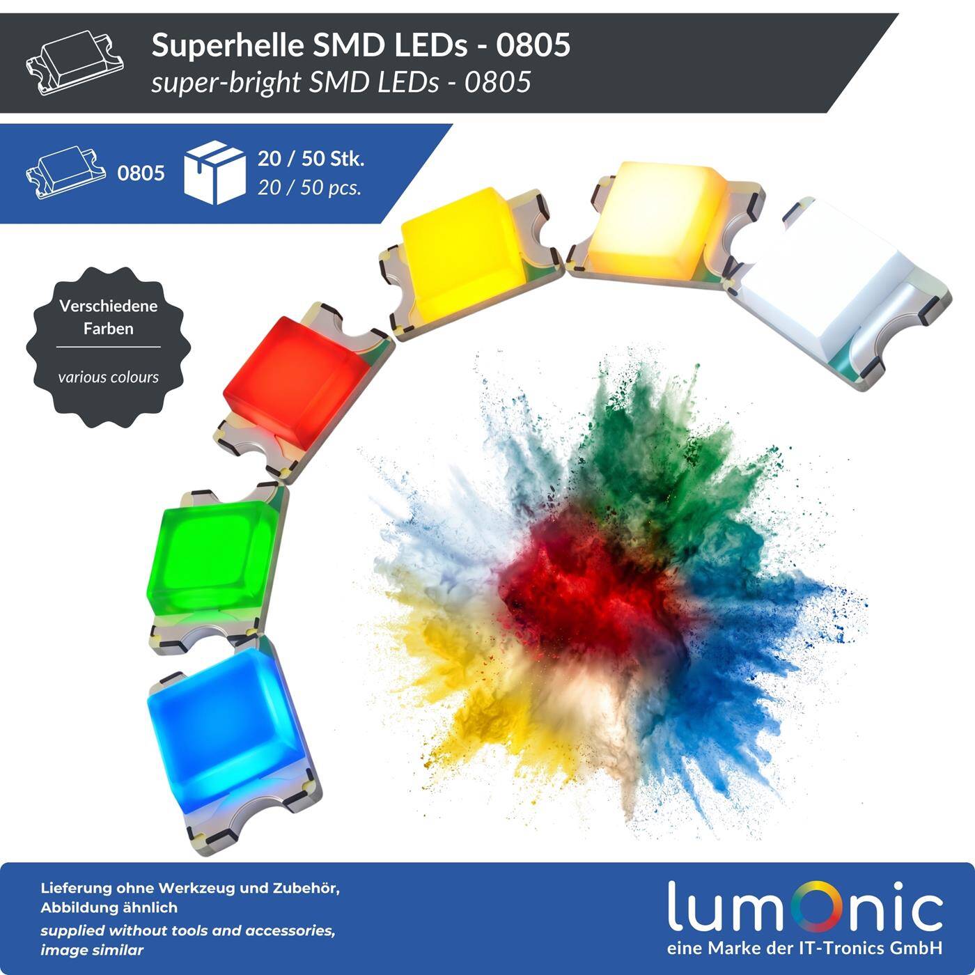 Lumonic 50x Superhelle LEDs vom Typ SMD 0805 - High Power LEDs zum selber Löten DIY in Farbe Kalt-Weiß 6000K - Maße: 2x1,25mm