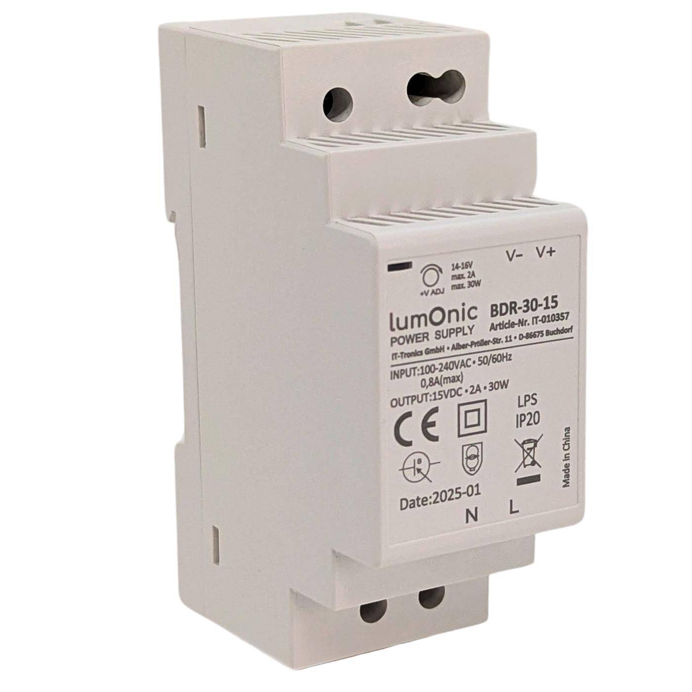 Lumonic I Top-hat rail power supply unit BDR-30-15 I 15V / 30W I Input 100-240VAC I Overload protection I DIN-Rail switching power supply I Switch cabinet