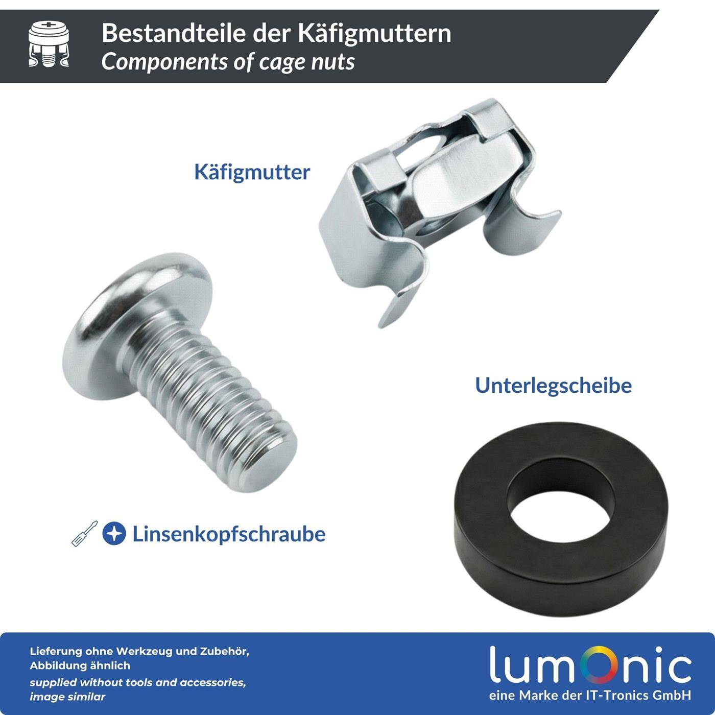 Lumonic Cage nuts M6 | 100 pieces complete set silver | Rack screws with scratch protection washer | for 19 inch &amp; 10 inch network cabinet patch panel server cabinet