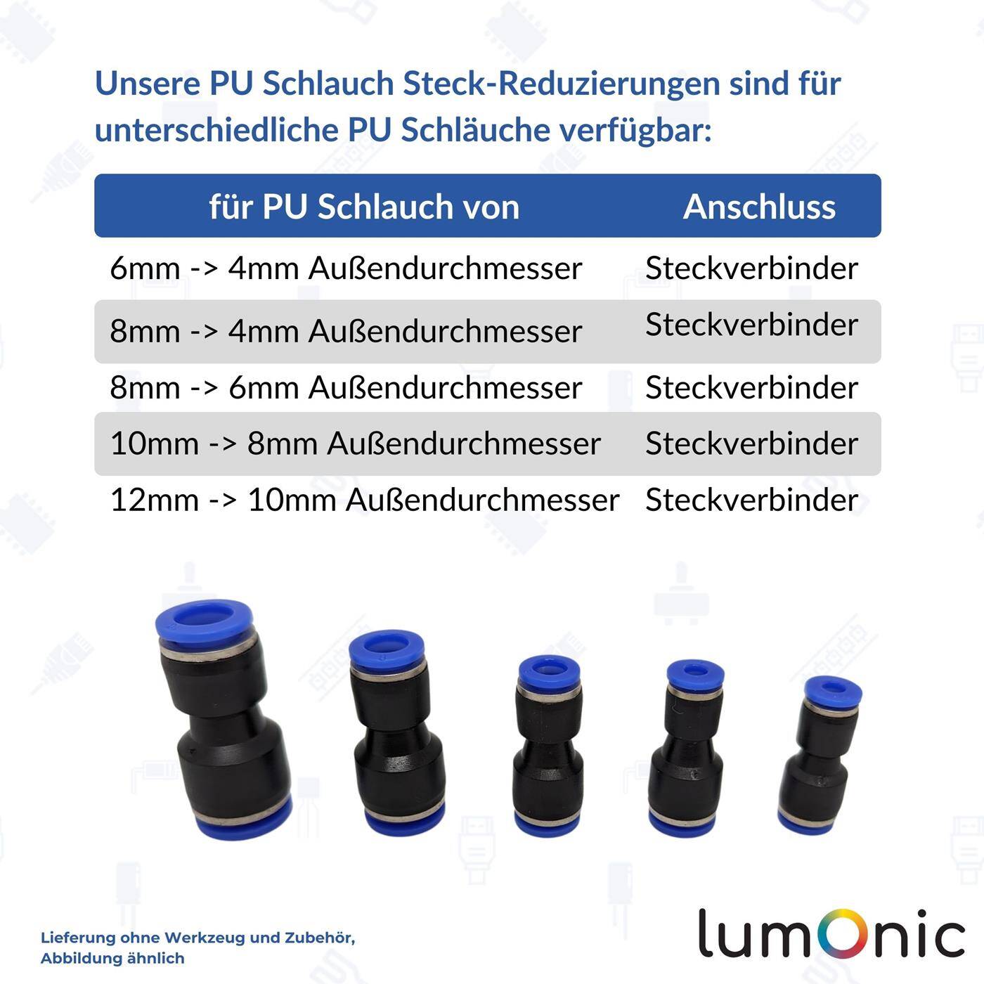PU Schlauch Steckverbinder Reduzierung 10mm -> 8mm gerade Schnellverschluss Druckluft Reduzierung Schlauchreduzierung Pneumatik & Automatisierung