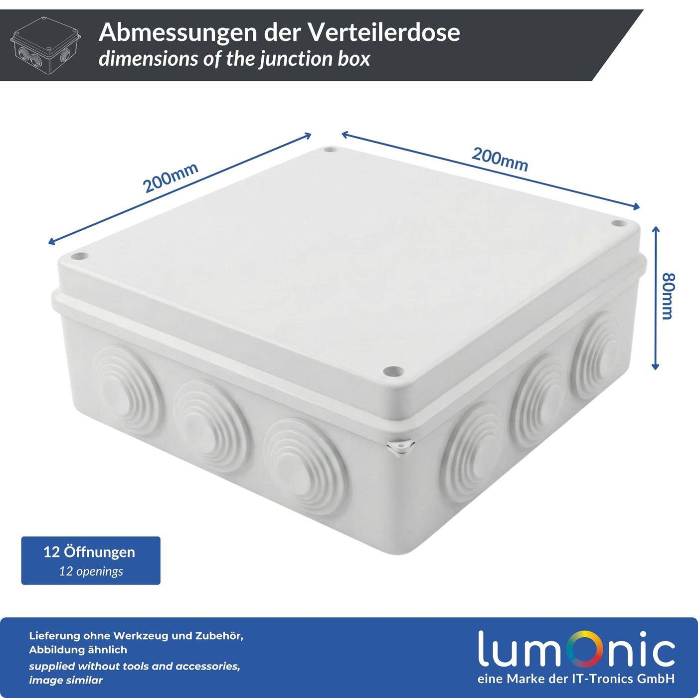 Lumonic Verteilerdose Aufputz IP65 Weiß | extra groß, 200x200x80mm, 12 Kabeleinführungen | Deckel verschraubt | Hochwertiges PVC | Großer Innenraum für Hutschienen, Klemmblöcke und Aktoren
