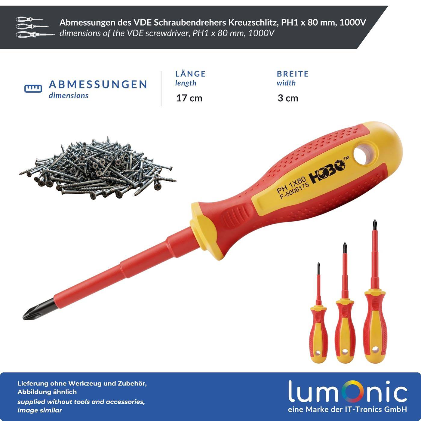 Lumonic VDE Phillips Screwdriver PH1 x 80 mm, 1000 V – S2 steel, burnished, magnetic tip, two-component handle, for electrical installations and control cabinets