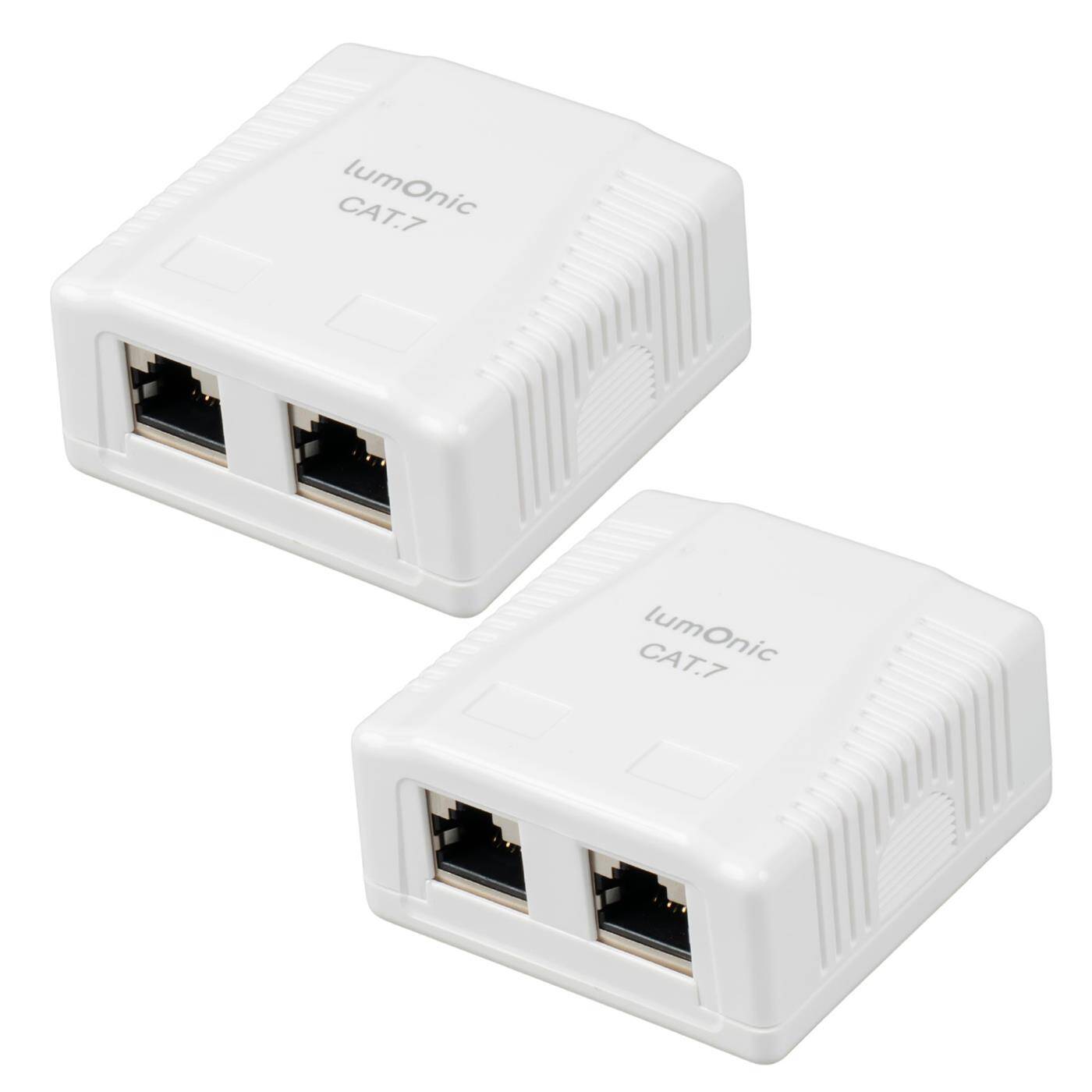 Lumonic 2er Set Netzwerkdose Aufputz CAT7 | 2-Port RJ45, Anschluss unten | ohne Stemmen nachrüsten | LSA-Montage, T568A/B farbcodiert | ABS Gehäuse, weiß | Ethernet-Dose bis zu 10 Gbit/s