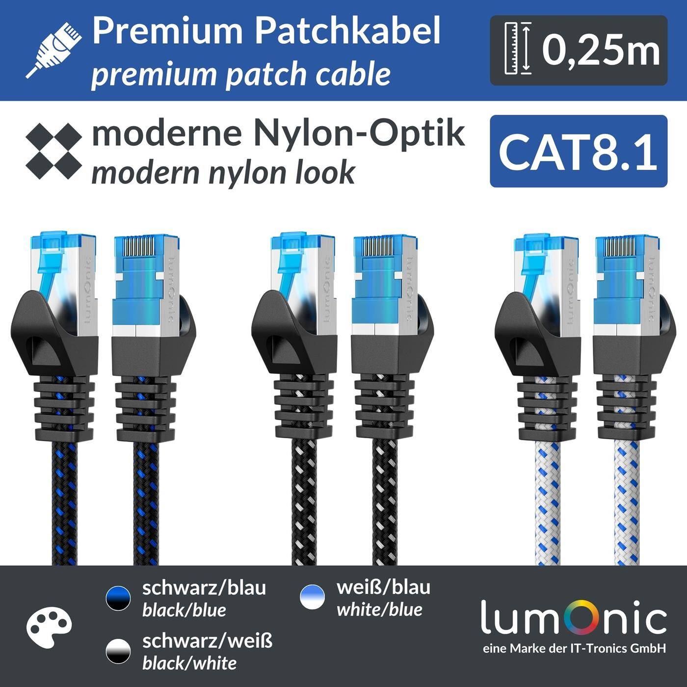 0,25m CAT8.1 Patchkabel S/FTP RJ45 Schwarz Weiß Premium Nylon Optik Ethernet LAN Netzwerkkabel