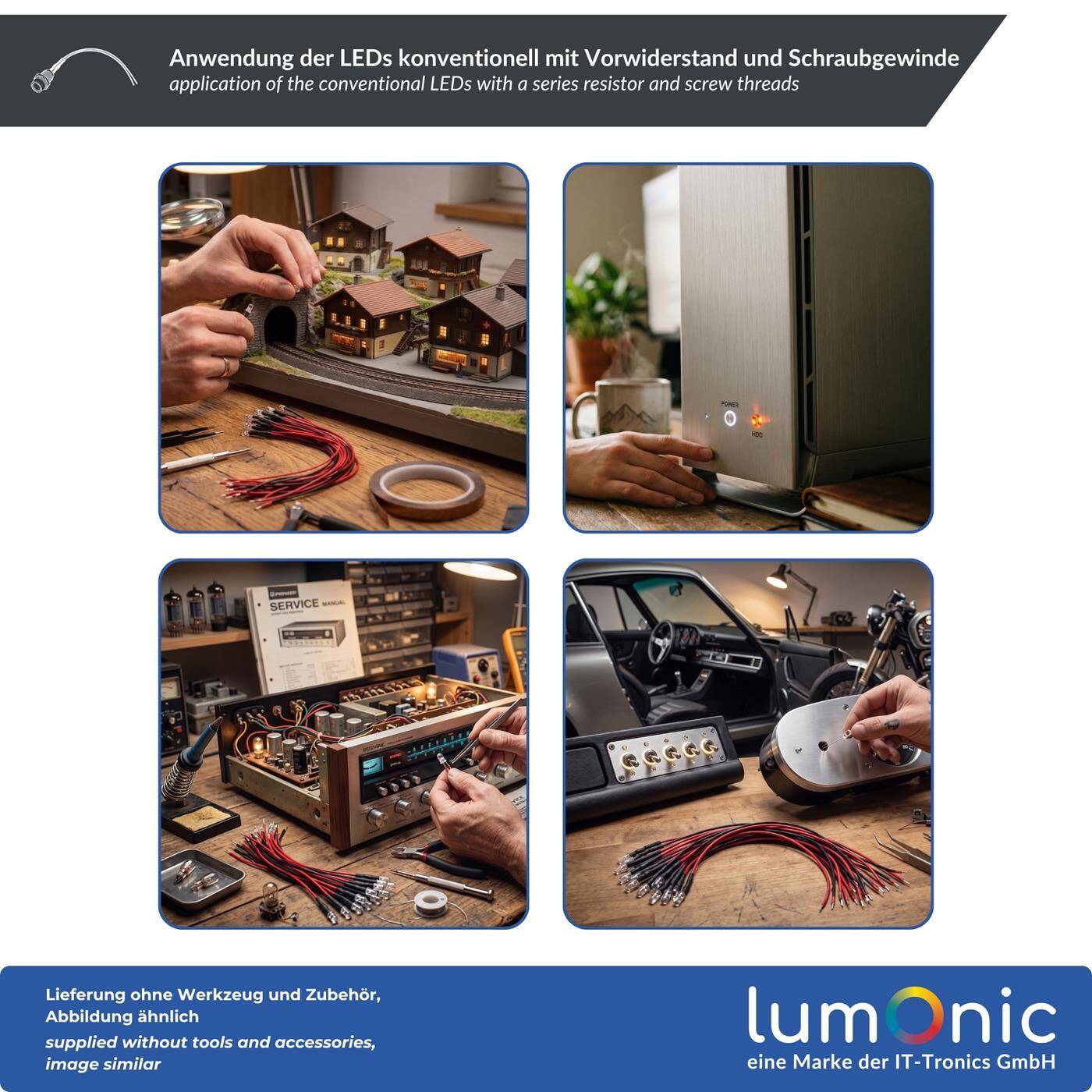 Lumonic 10x Superhelle Schraub LEDs mit Vorwiderstand für 24V Anwendungen - High Power LEDs mit Anschlusskabel zum selber Löten DIY in Farbe Grün - Durchmesser: 5mm