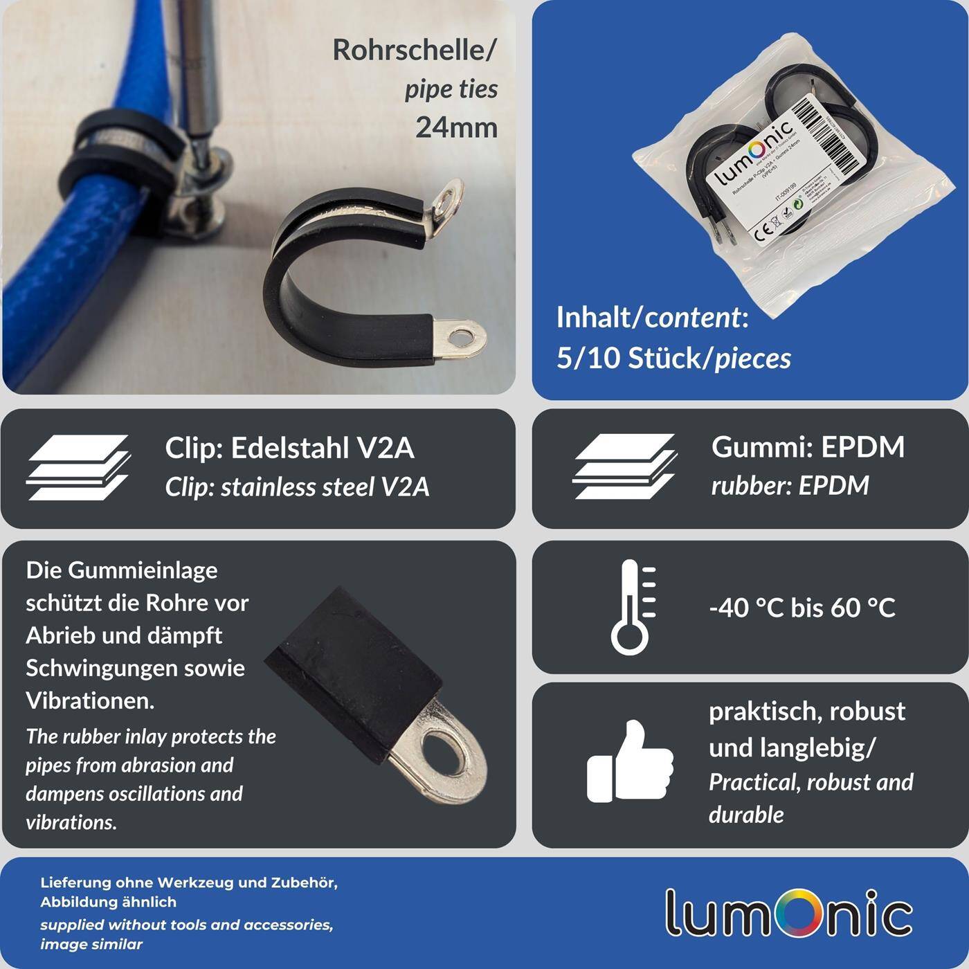Lumonic 10x 24mm Rohrschellen mit Gummieinlage Edelstahl V2A I Kabelschellen zum Schrauben I Schlauchschelle 24mm, Rohrschellen, Befestigungsschelle 24mm, Rohrhalterung