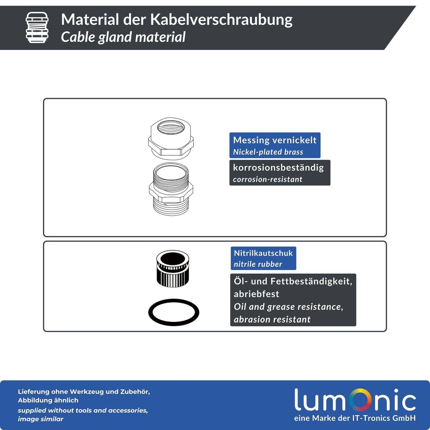 Lumonic Kabelverschraubung Metall M6 | Klemmbereich 2-3mm | IP68 | mit Gegenmutter | Messing vernickelt, EMV | -40…+100°C