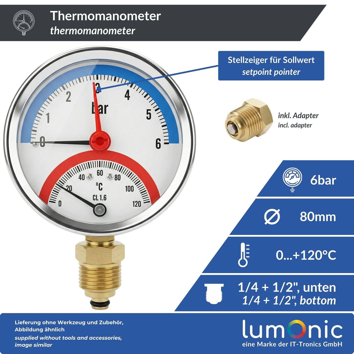 Thermomanometer 6bar 0-120°C 1/4 + 1/2 inch (adapter) Bottom connection Ø 80mm large scale Heating pressure gauge Metal housing