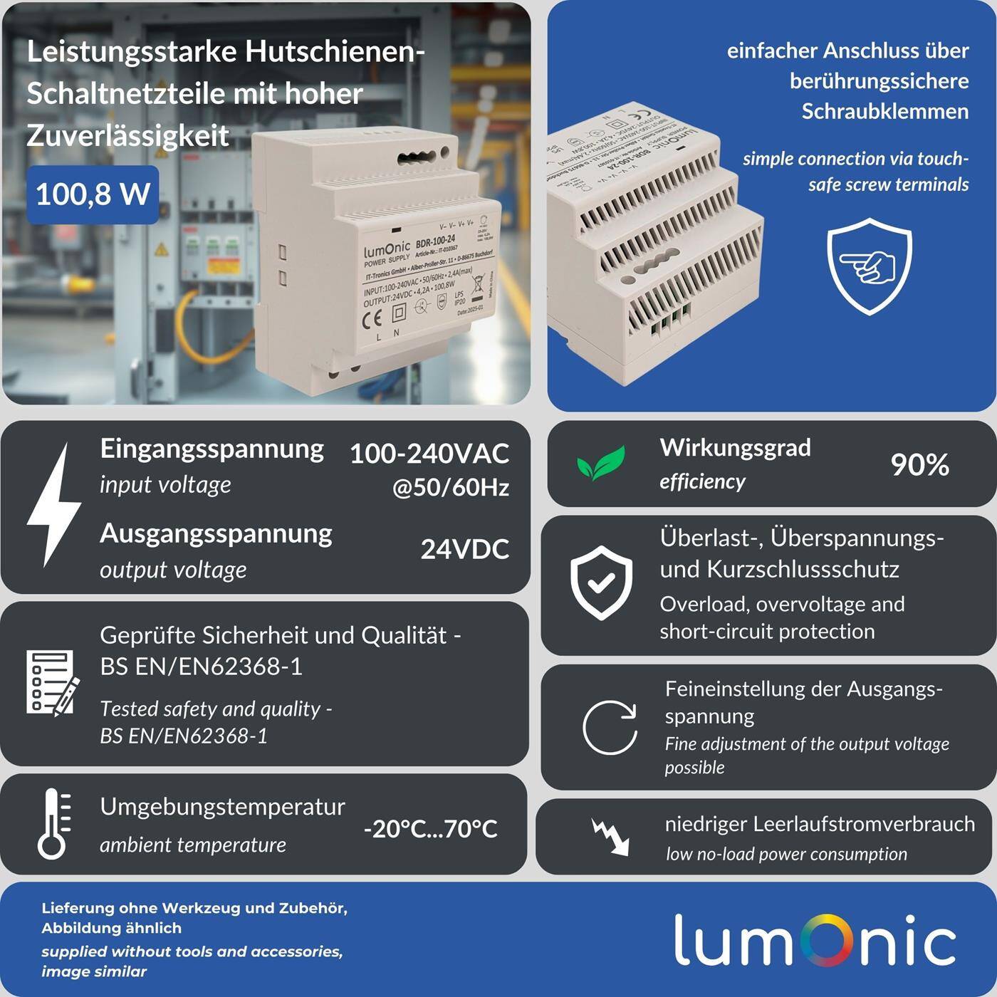 Lumonic I Netzteil Hutschiene BDR-100-24 I 24V / 100,8W I Input 100-240VAC I Überlastschutz & kurzschlussfest I DIN-Rail Schaltnetzteil I Schaltschrank & Verteilerkasten