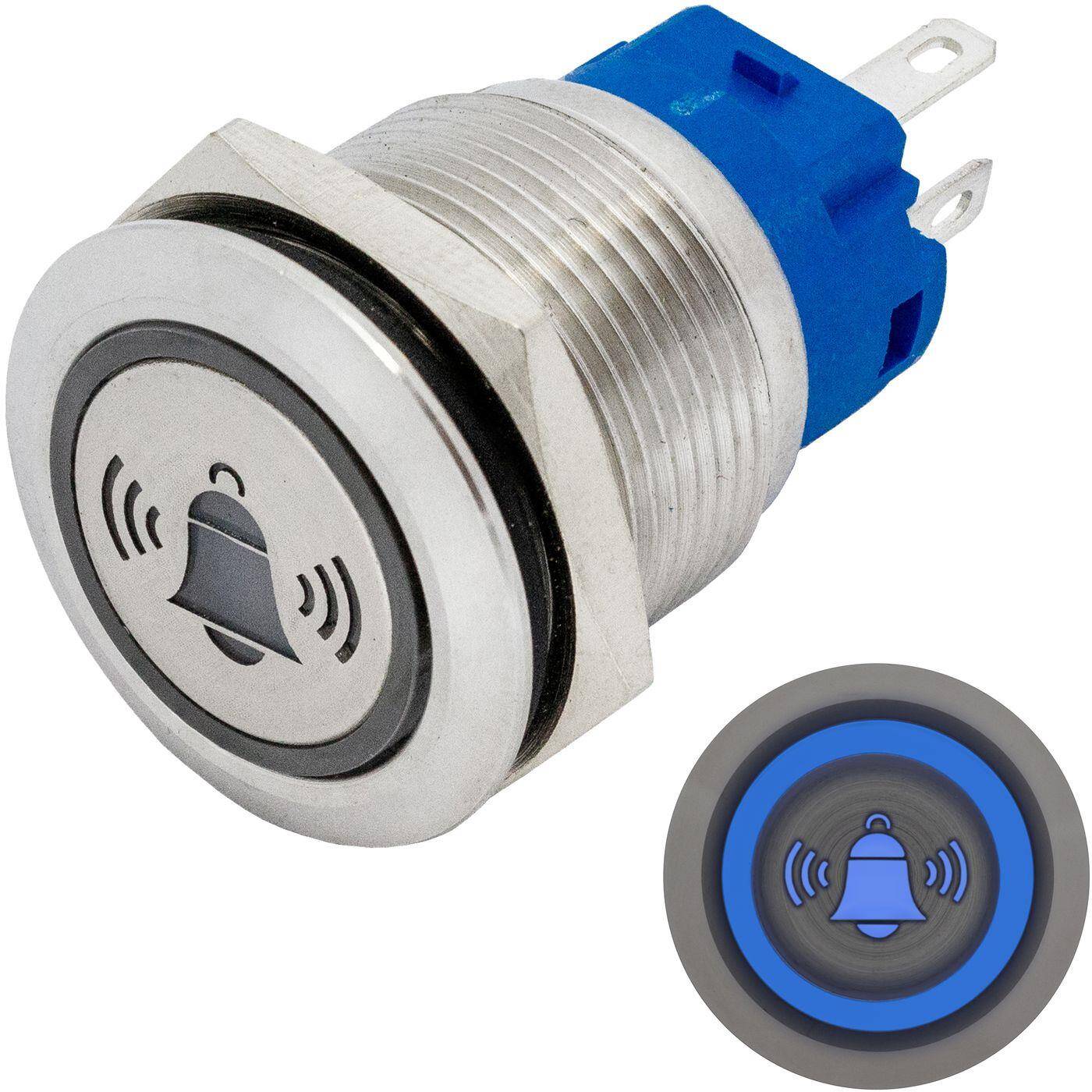 Lumonic Edelstahl Drucktaster flach 19mm Durchmesser I Mit einer Glocke LED in Blau Maße: 2,8x0,5mm Pin s 250V 3A I Vandalismussicher nach dem IP65 Standard