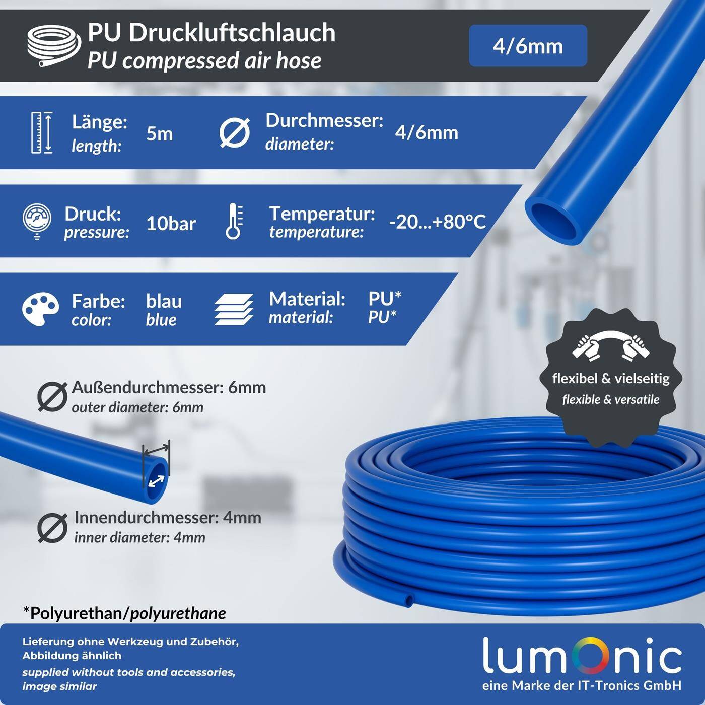 5m Druckluftschlauch PU 4/6mm Maschinenbau Pneumatiksysteme Werkstatt PU Schlauch Polyurethan flexibel, abriebfest