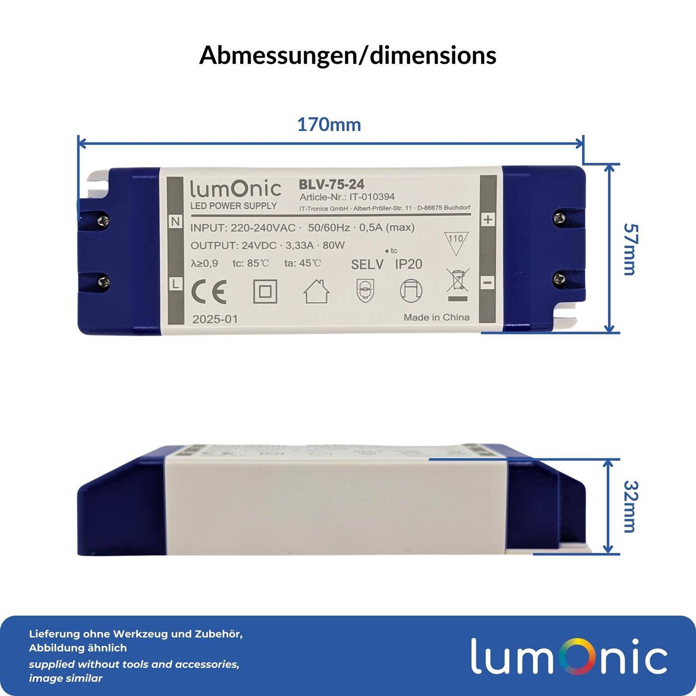 Lumonic I LED transformer BLV-80-24 I 24V 80W I Input 220-230VAC I flicker-free I Overload protection I LED power supply unit I for LED lighting