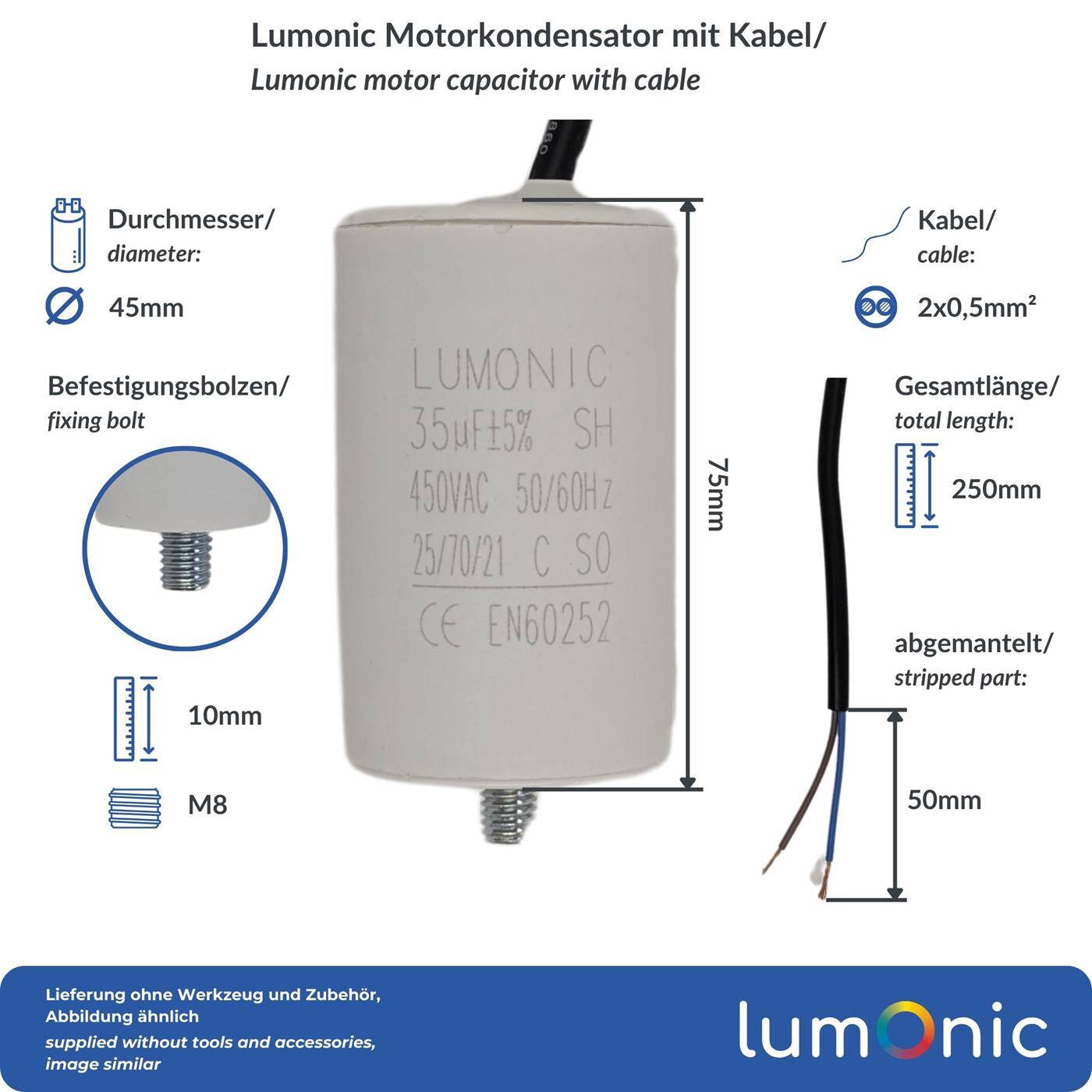 Lumonic Anlaufkondensator 35µF 450V | mit Kabel I 45x75mm I 35uF I Motorkondensator mit Kunststoffgehäuse I Betriebskondensator I für Pumpen, Rasenmäher, Werkzeuge